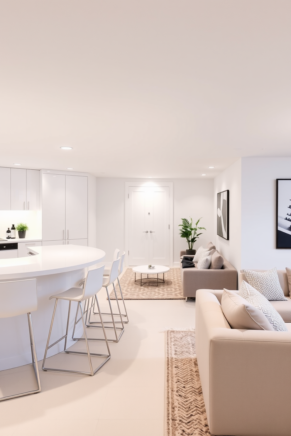 A sleek modern bar area features pristine white cabinetry and a polished white countertop. Stylish bar stools with minimalist design surround the space, creating an inviting atmosphere for gatherings. In a contemporary basement design, the walls are painted in a soft white hue that enhances the natural light. Comfortable seating arrangements and a cozy rug add warmth to the modern aesthetic, making it a perfect retreat.