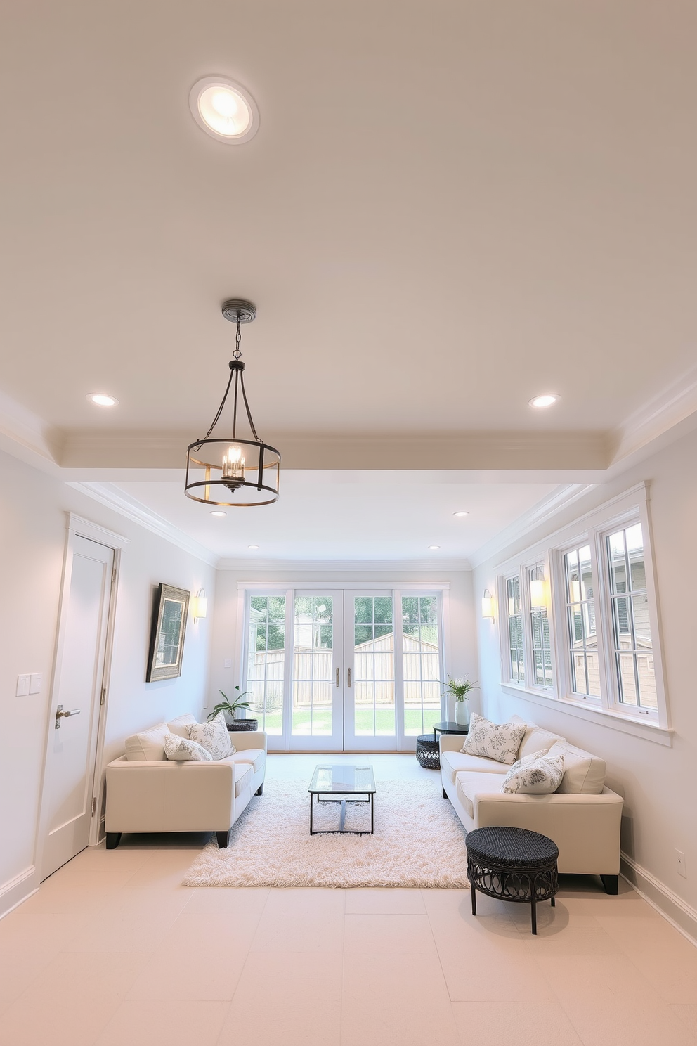 Inviting white bean bags for relaxation. The space features soft lighting and a cozy atmosphere, perfect for unwinding after a long day. White basement design ideas. The walls are painted in a bright white hue, complemented by light wood accents and plush carpeting to create a warm and welcoming environment.