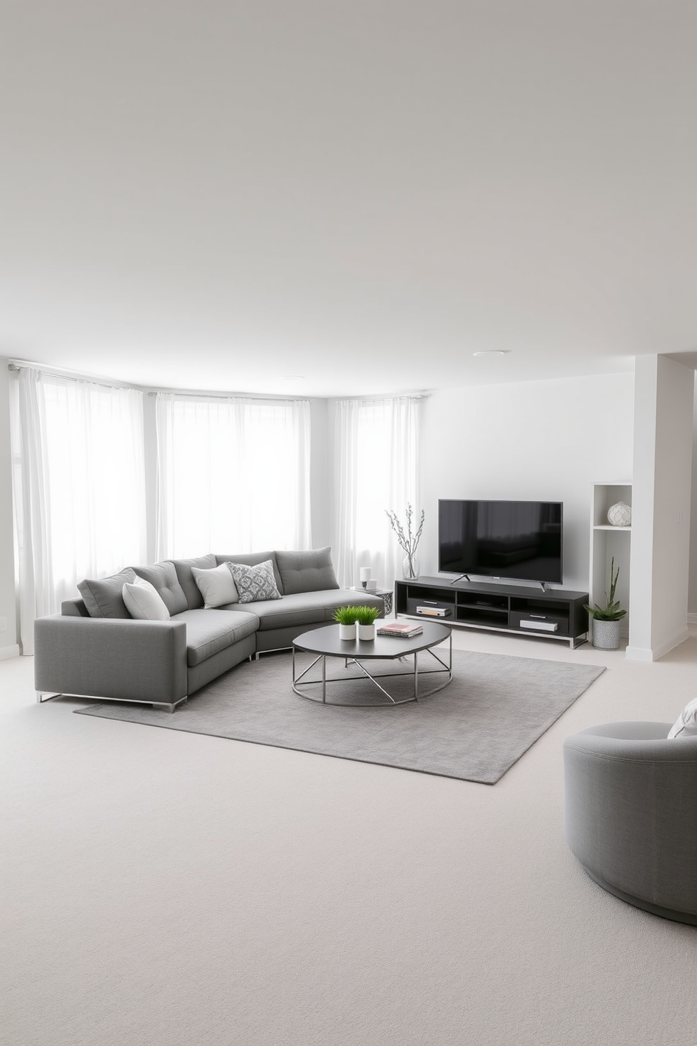 A spacious white basement featuring a sleek gray sectional sofa positioned in front of a modern entertainment center. The walls are painted in a crisp white, while the floor is covered with a soft gray area rug that adds warmth to the space. Natural light floods in through large windows adorned with sheer white curtains, creating an inviting atmosphere. A minimalist coffee table sits in the center, complemented by decorative accents in varying shades of gray and white.