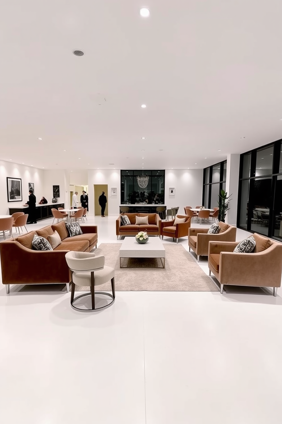 A spacious open layout designed for social gatherings featuring a large central seating area with plush sofas and stylish armchairs arranged around a modern coffee table. The white basement is illuminated by recessed lighting and large windows, creating a bright and inviting atmosphere perfect for entertaining guests.