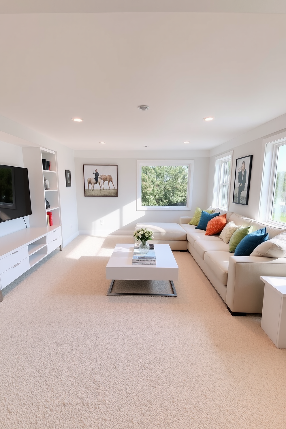 A bright and airy white basement designed for relaxation and entertainment. The space features soft white walls and plush carpeting, with a large sectional sofa adorned with colorful throw pillows. In one corner, a sleek white entertainment unit houses the latest technology, while a contemporary coffee table sits at the center. Large windows allow natural light to flood the room, creating an inviting atmosphere perfect for gatherings.