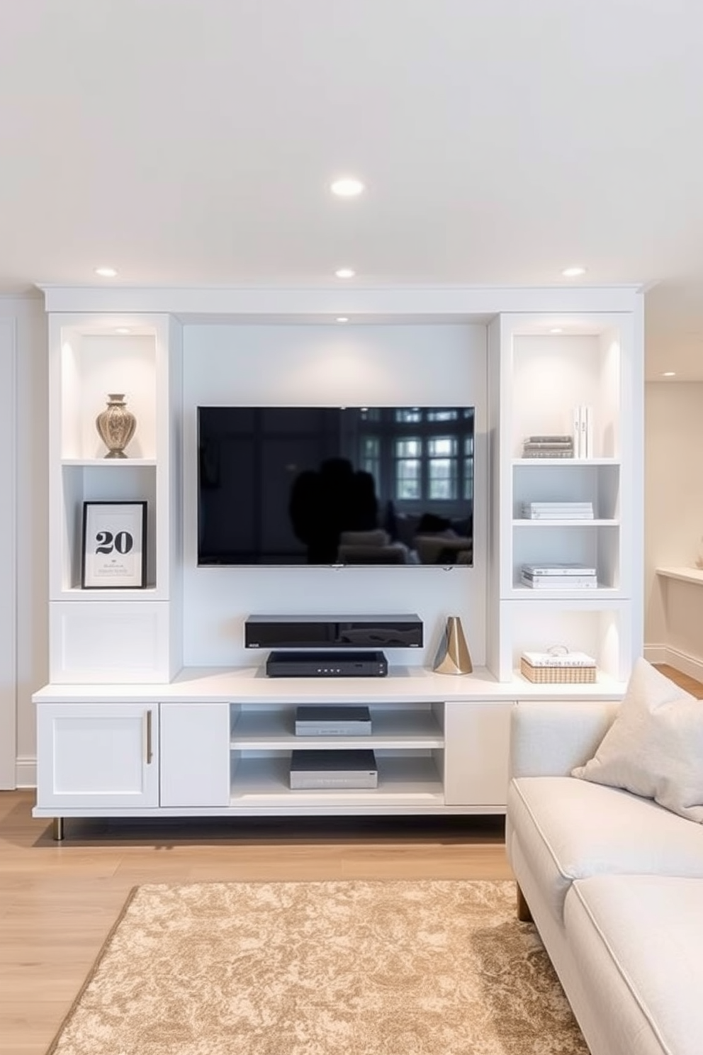 A sleek white entertainment center design features clean lines and a minimalist aesthetic. The unit is equipped with built-in shelving for displaying decor and a mounted television above a low-profile console. The white basement design ideas incorporate bright lighting and open spaces to create an inviting atmosphere. Soft furnishings in neutral tones complement the walls, while a stylish rug adds warmth to the overall look.