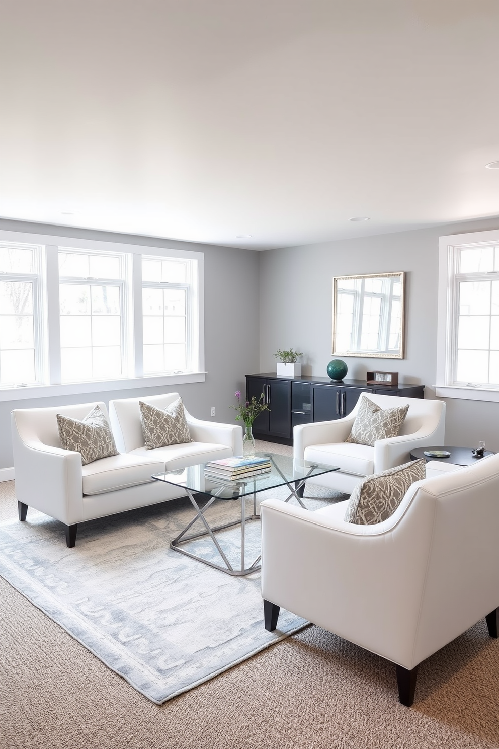 A bright and airy basement space featuring white accent chairs arranged around a sleek glass coffee table. The walls are painted in a soft gray, and large windows allow natural light to flood the room, enhancing the modern aesthetic. The design incorporates a cozy reading nook with plush throw pillows on the white accent chairs. A stylish area rug anchors the seating area, adding warmth and texture to the overall look.