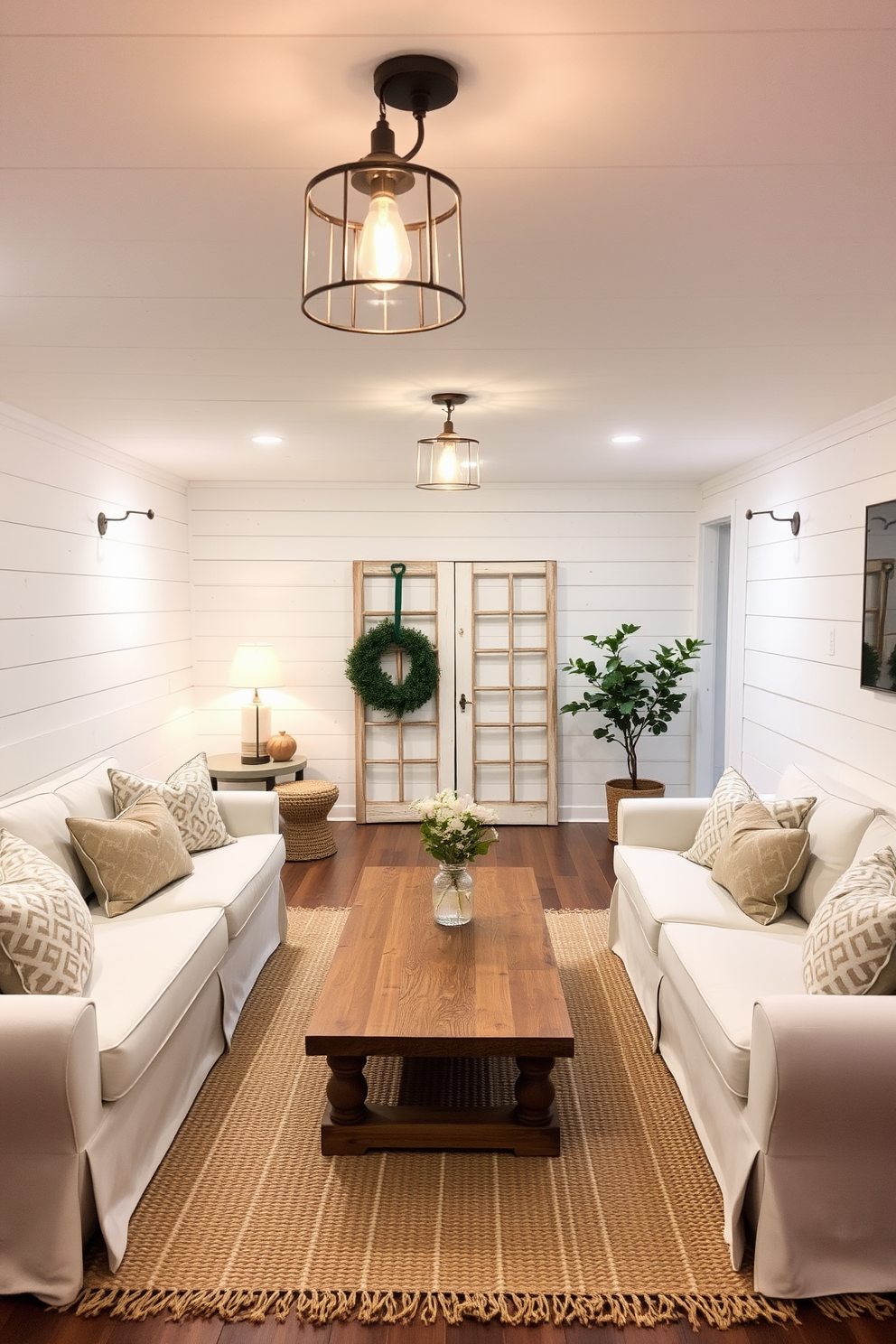 A cozy white basement designed with rustic charm. The walls are adorned with white shiplap, creating a warm and inviting atmosphere. Soft lighting fixtures hang from the ceiling, illuminating a comfortable seating area with plush couches. A wooden coffee table sits in the center, surrounded by decorative pillows and a woven rug.