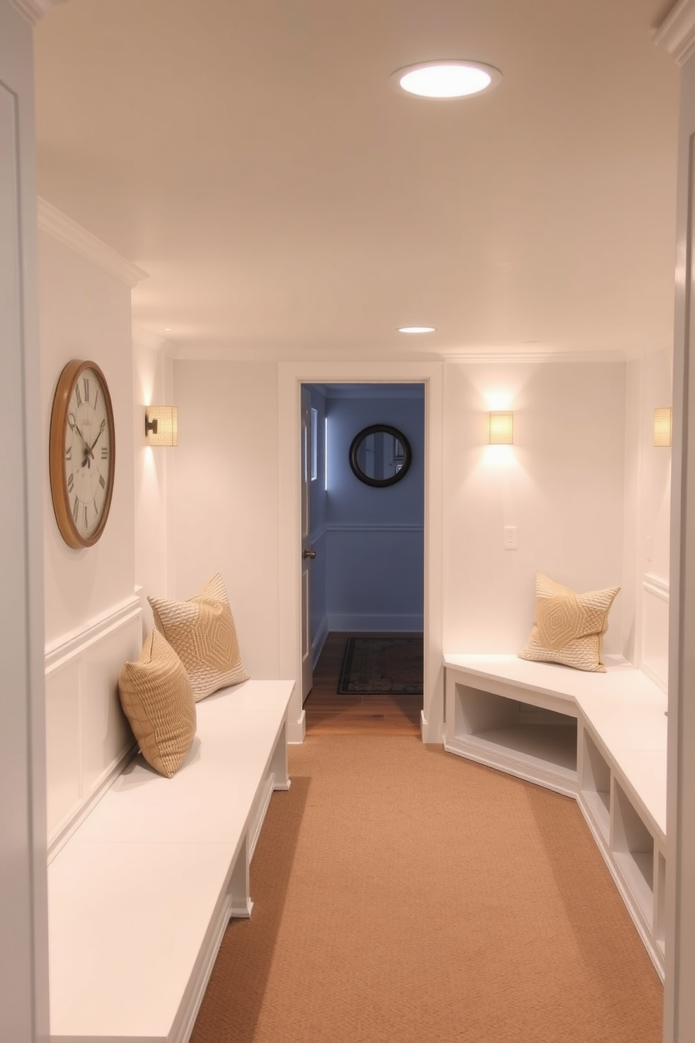 A serene white basement design featuring built-in white benches in cozy corners. The walls are painted in a soft white hue, complemented by warm wooden accents and ambient lighting.