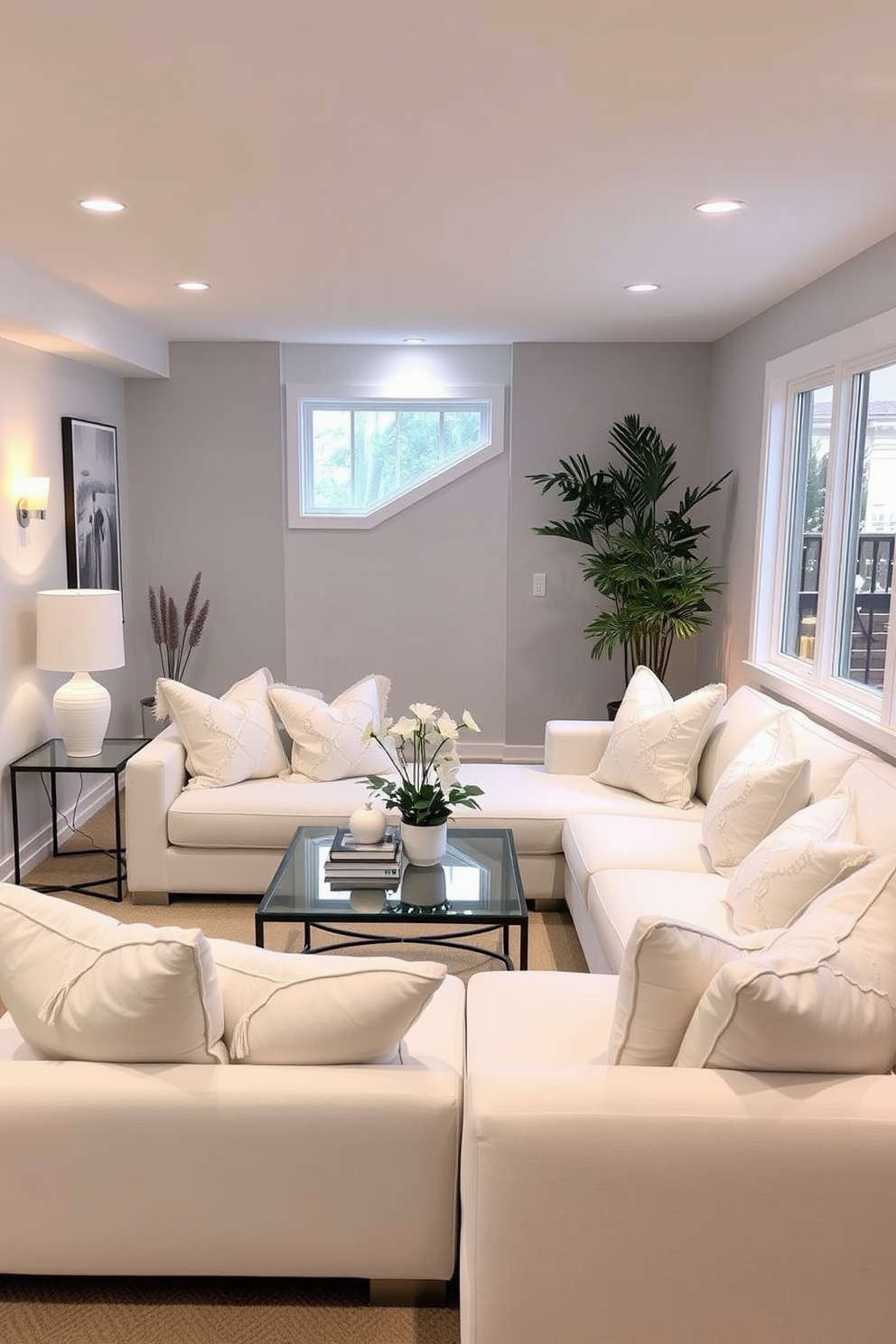 A cozy white basement retreat adorned with soft white decorative pillows that invite relaxation. The space features a plush sectional sofa, complemented by a sleek coffee table and warm ambient lighting. The walls are painted in a soft gray, enhancing the airy feel of the basement. Large windows allow natural light to filter in, creating a bright and welcoming atmosphere.