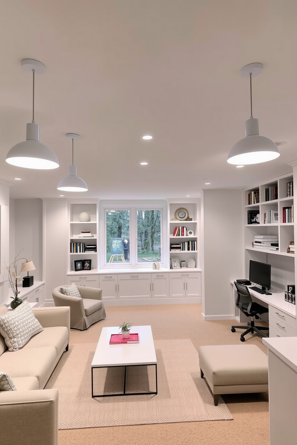 Fresh white plants for a natural touch. The space features an airy white basement with large windows allowing natural light to flood in, creating a serene atmosphere. Soft textures and clean lines define the design, with a plush white sectional sofa and a minimalist coffee table at the center. Potted white plants are strategically placed throughout the room, adding a refreshing touch of nature to the elegant space.