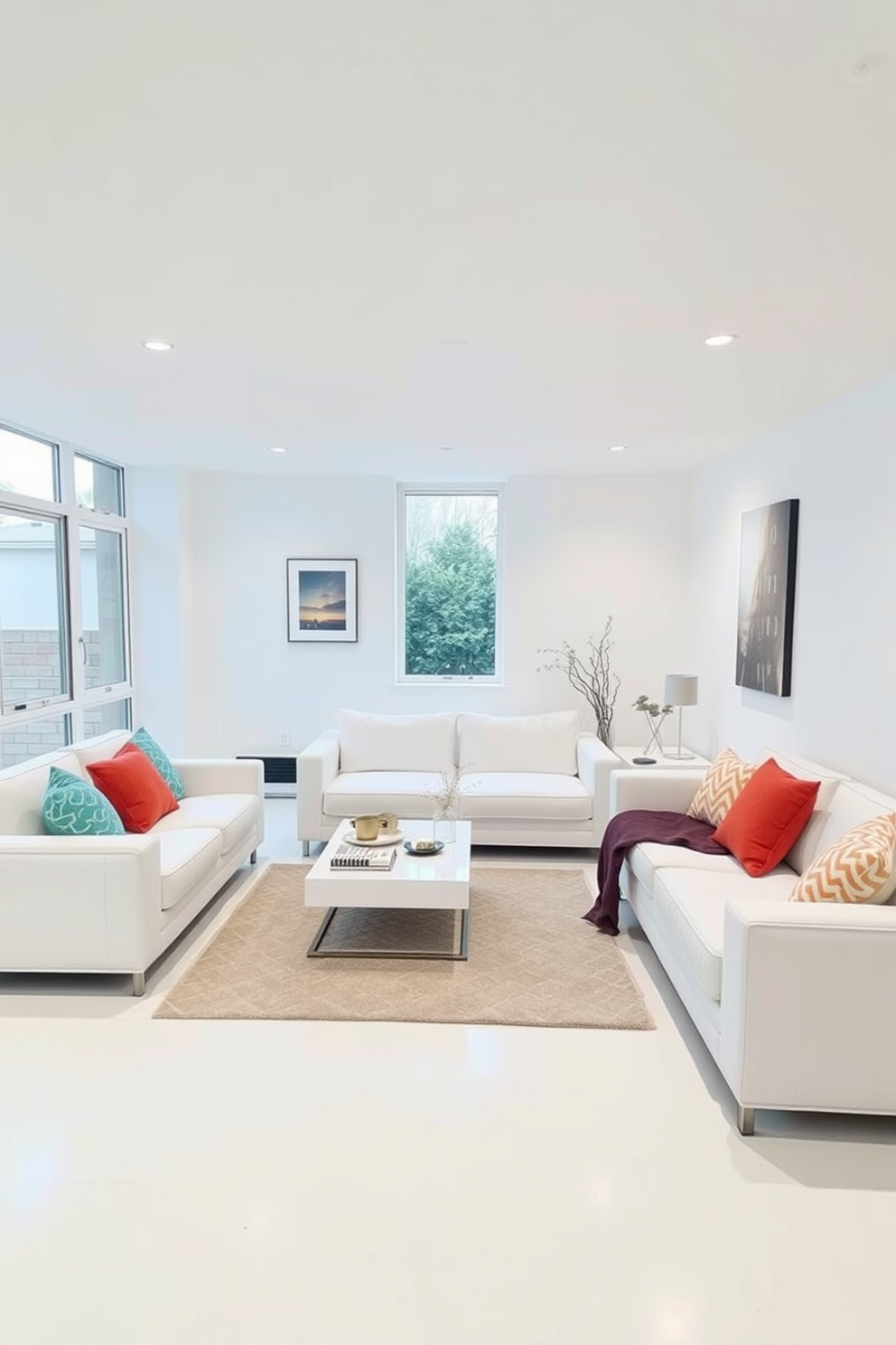 A spacious white basement featuring multi-functional furniture that maximizes versatility. The room includes a sleek white sofa that converts into a bed and a stylish coffee table with hidden storage. The walls are painted in a bright white hue, enhancing the natural light that filters in through large windows. Accent pieces like colorful cushions and a geometric rug add warmth and personality to the space.