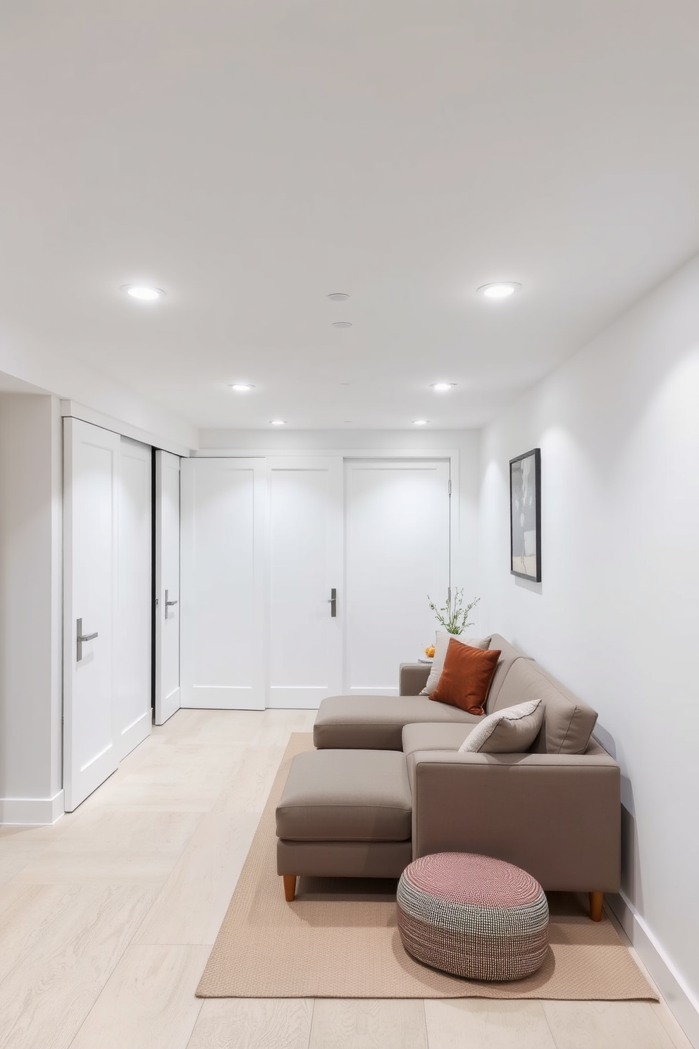 A modern white basement featuring space-saving white sliding doors that seamlessly blend into the walls. The room is illuminated by recessed lighting, creating an airy and inviting atmosphere with a cozy seating area.