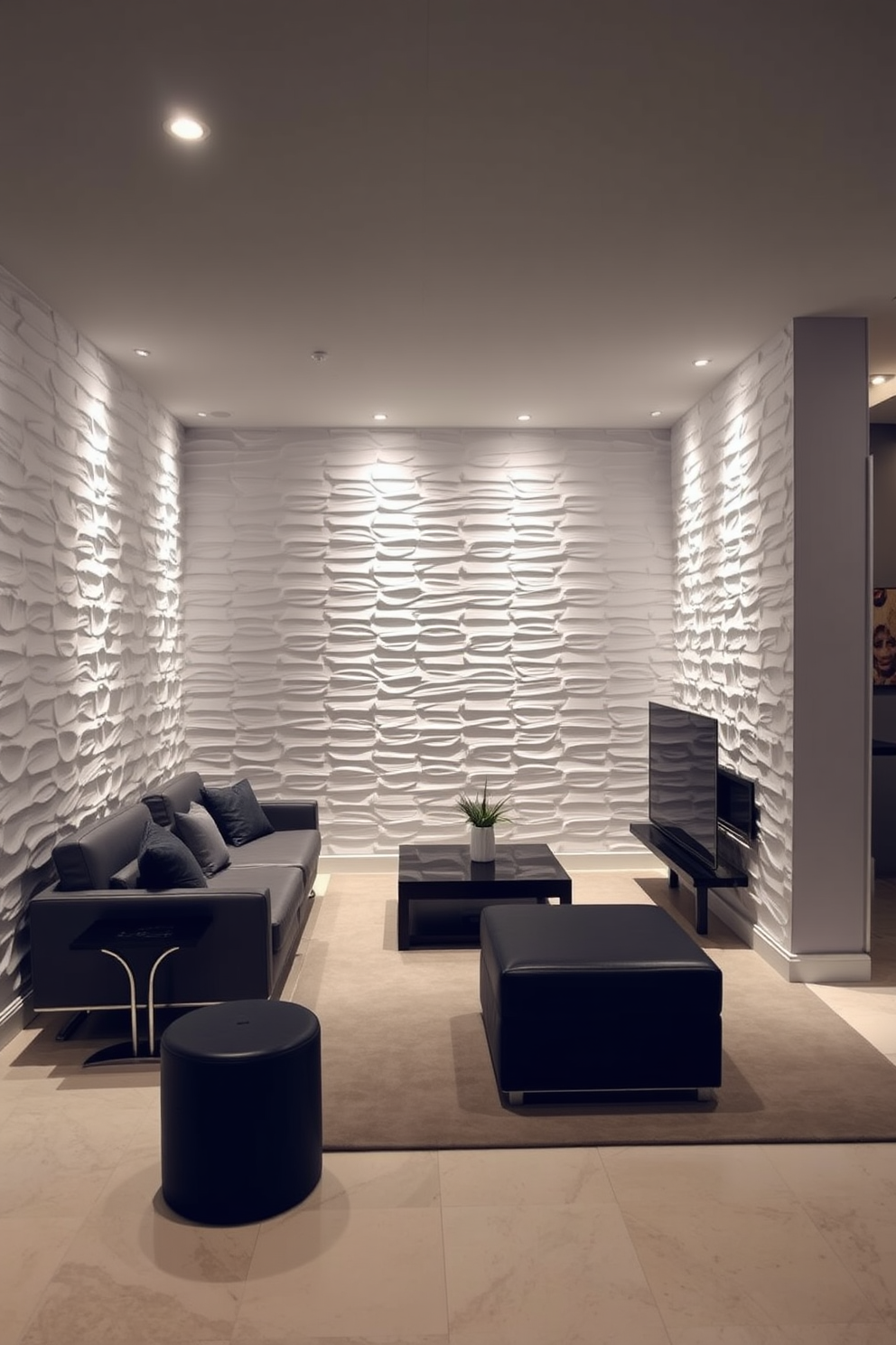 Textured white wall panels create a striking visual depth in the space. The basement features a modern aesthetic with sleek furniture and ambient lighting that enhances the overall design.