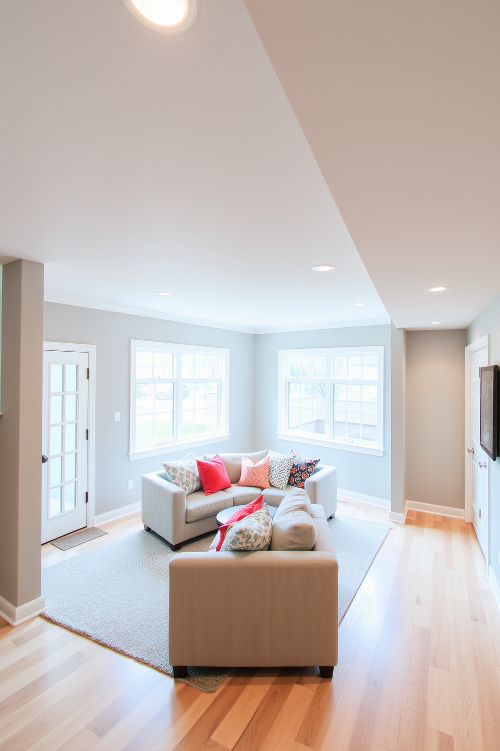 A bright and inviting basement with a white ceiling that enhances the airy atmosphere. The walls are painted in soft gray, and the flooring features light hardwood that adds warmth to the space. Cozy seating arrangements with plush sofas and colorful cushions create a welcoming environment. Large windows allow natural light to flood in, making the basement feel like an extension of the home above.