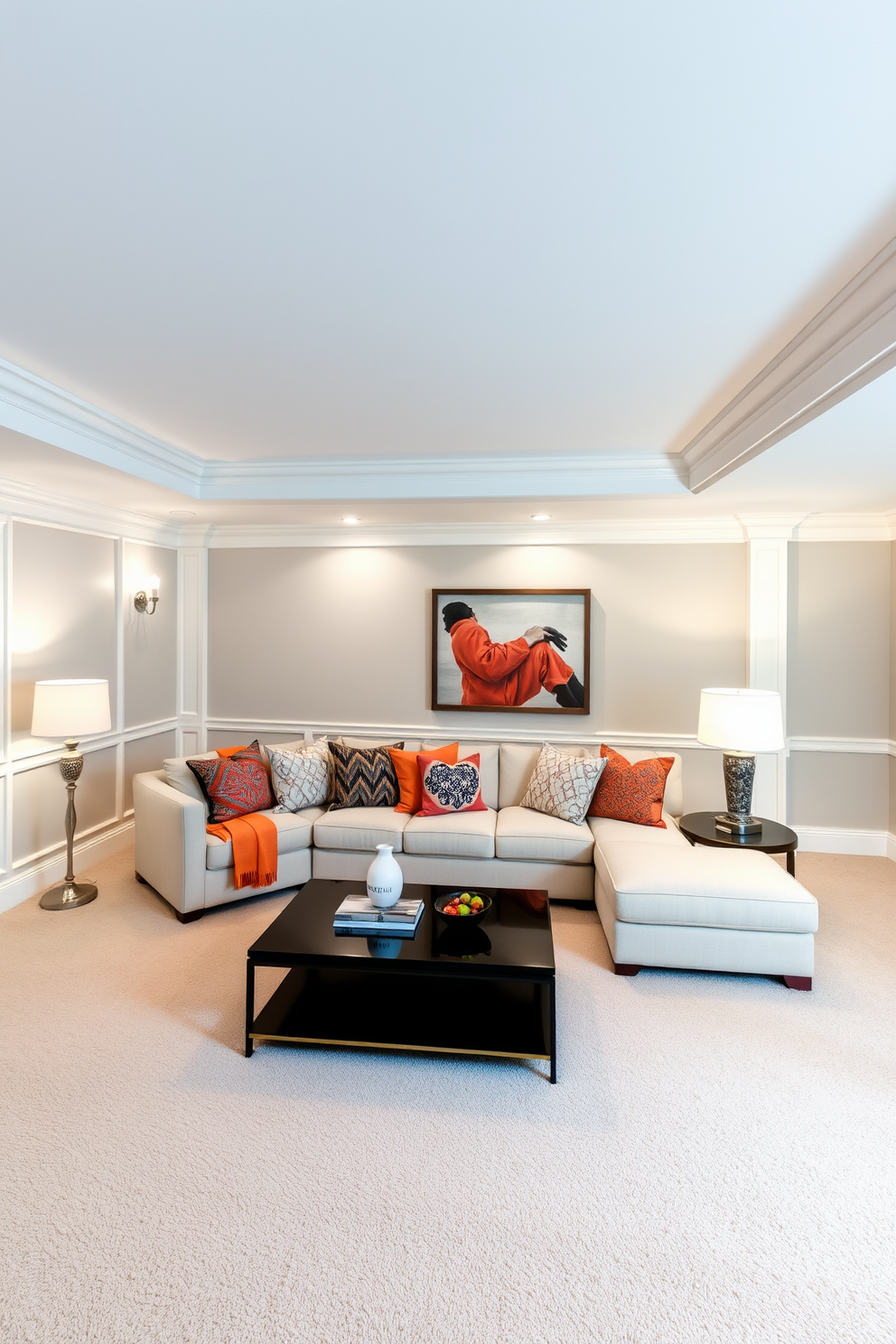 A bright and airy basement designed with white crown molding that adds a sophisticated finishing touch. The space features light gray walls and plush carpeting, creating a cozy atmosphere perfect for relaxation. Incorporate a stylish lounge area with a large sectional sofa adorned with colorful throw pillows. A sleek coffee table sits in the center, surrounded by soft lighting from elegant floor lamps.