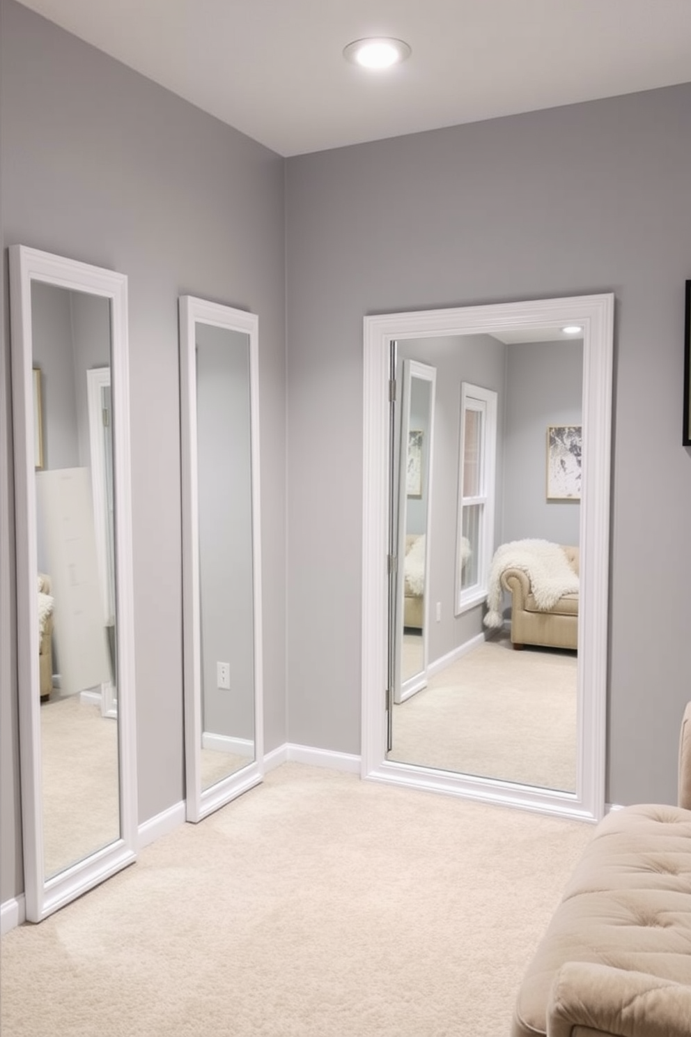 A bright and airy basement space featuring white framed mirrors strategically placed to enhance light reflection. The design incorporates soft gray walls and a cozy seating area with plush furniture, creating a welcoming atmosphere.