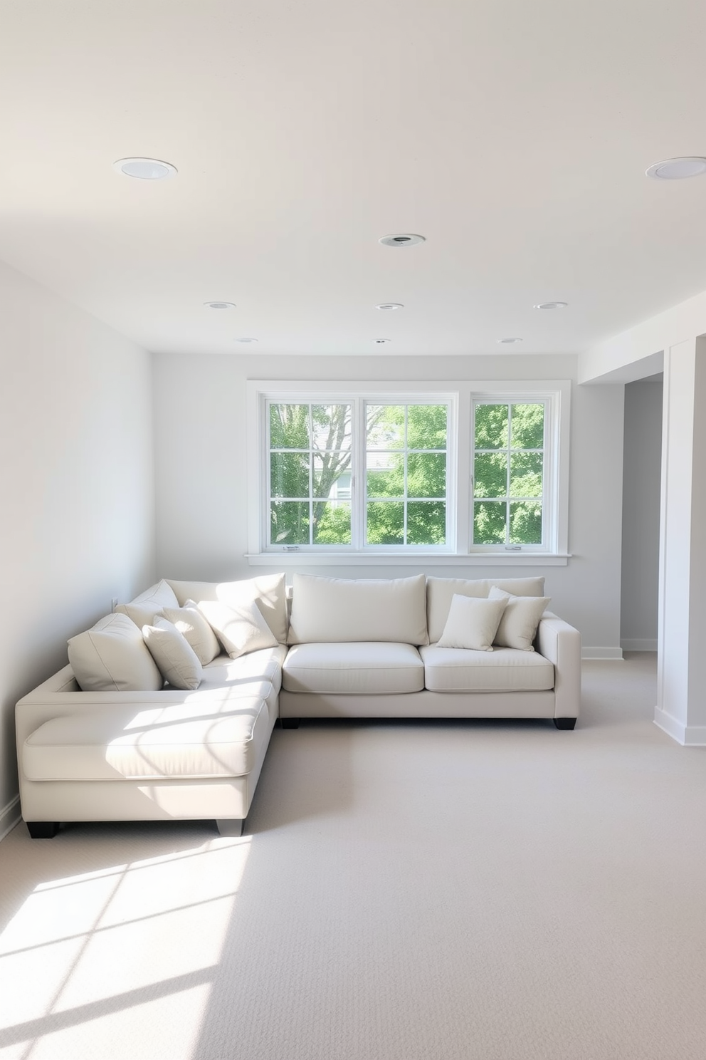 A minimalist white shelving unit is positioned against a wall in a bright room. The shelves are filled with neatly arranged books and a few decorative items, creating a clean and airy aesthetic. The basement showcases a modern design with white walls and sleek furniture. Large windows allow natural light to flood the space, enhancing the open and inviting atmosphere.