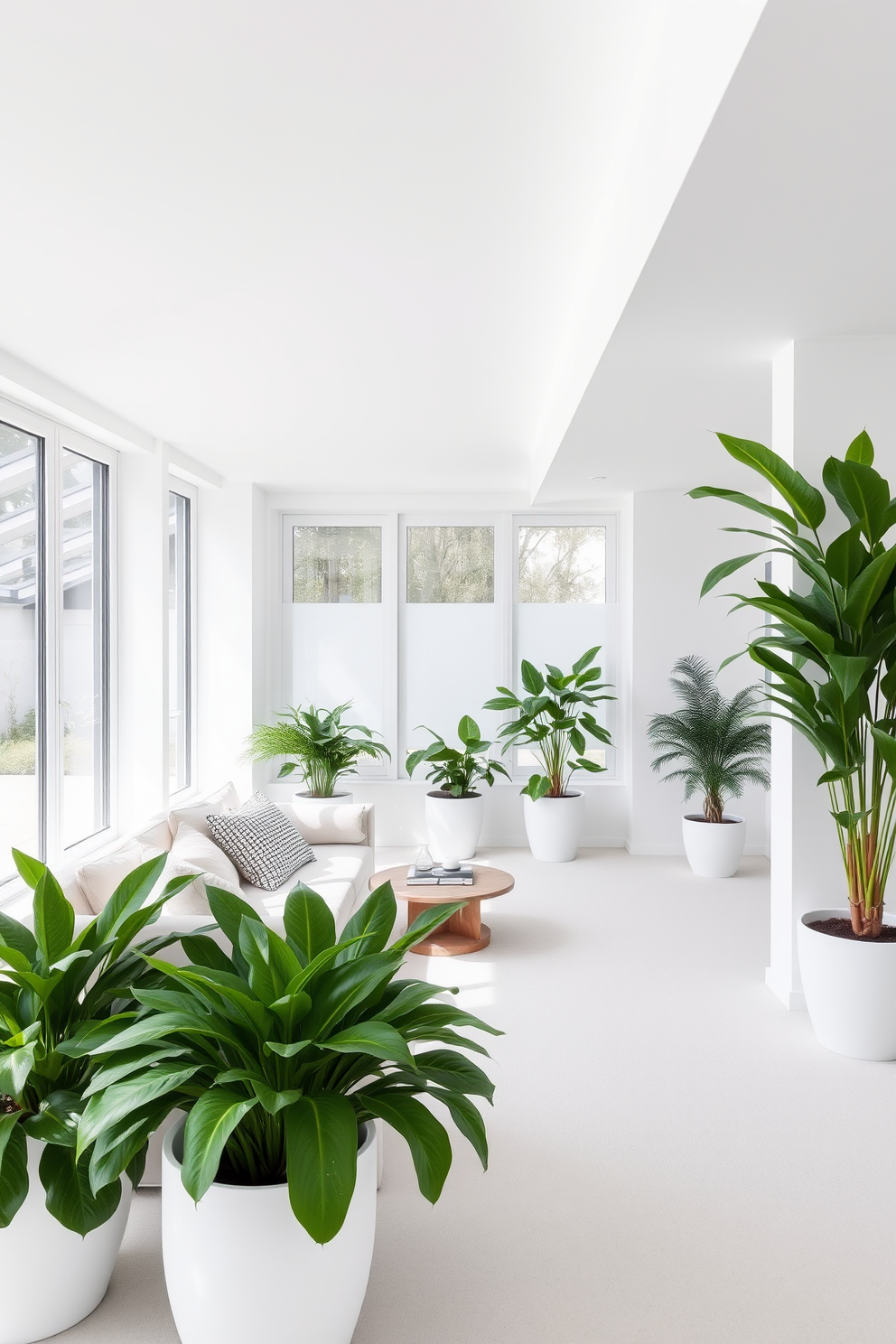 A stylish white basement with an open layout featuring large windows that allow natural light to flood the space. Lush indoor plants in white pots are strategically placed around the room, adding a touch of freshness and vibrancy to the minimalist decor. The walls are painted in a crisp white, creating a clean and airy atmosphere. Sleek furniture pieces in neutral tones complement the indoor greenery, enhancing the overall modern aesthetic of the basement.