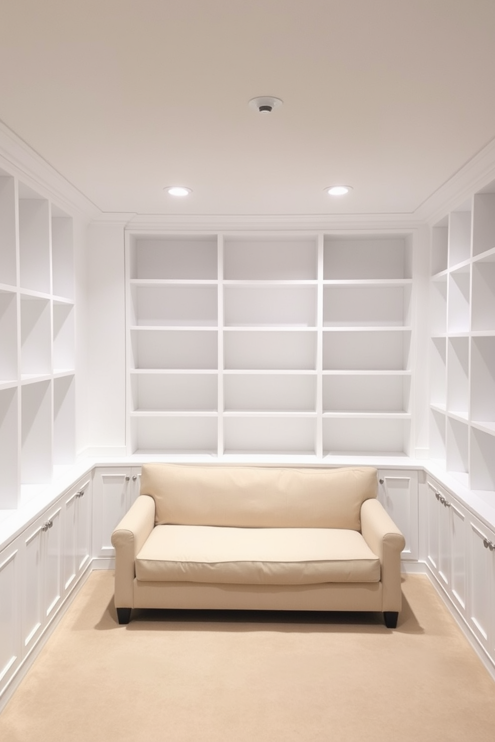 A bright and airy basement featuring white built-in shelves that provide ample storage while maintaining a clean aesthetic. The space is illuminated by recessed lighting, and a cozy seating area is arranged in front of the shelves, creating a welcoming atmosphere.