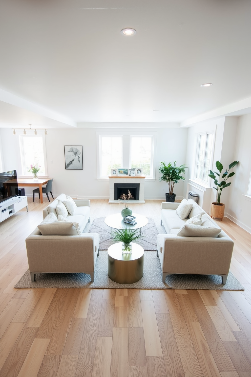 A bright and airy basement with light wood flooring that adds warmth to the space. The walls are painted in a soft white hue, creating an inviting atmosphere and making the area feel larger. Incorporate modern furniture pieces with clean lines to enhance the contemporary aesthetic. Large windows allow natural light to flood in, illuminating the room and highlighting the stylish decor.