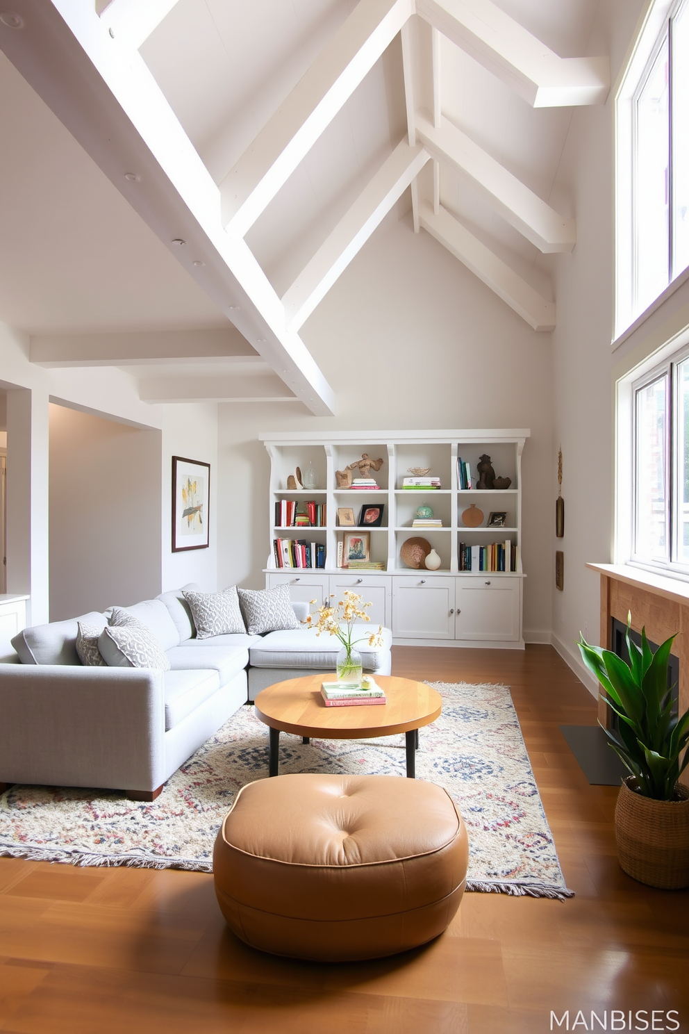 A bright and airy basement with whitewashed beams creating architectural interest. The space features a soft gray sectional sofa paired with a round wooden coffee table, surrounded by light-colored walls and plush area rugs. Incorporate built-in shelving along one wall to display books and decorative items. Large windows allow natural light to flood the room, enhancing the inviting atmosphere.