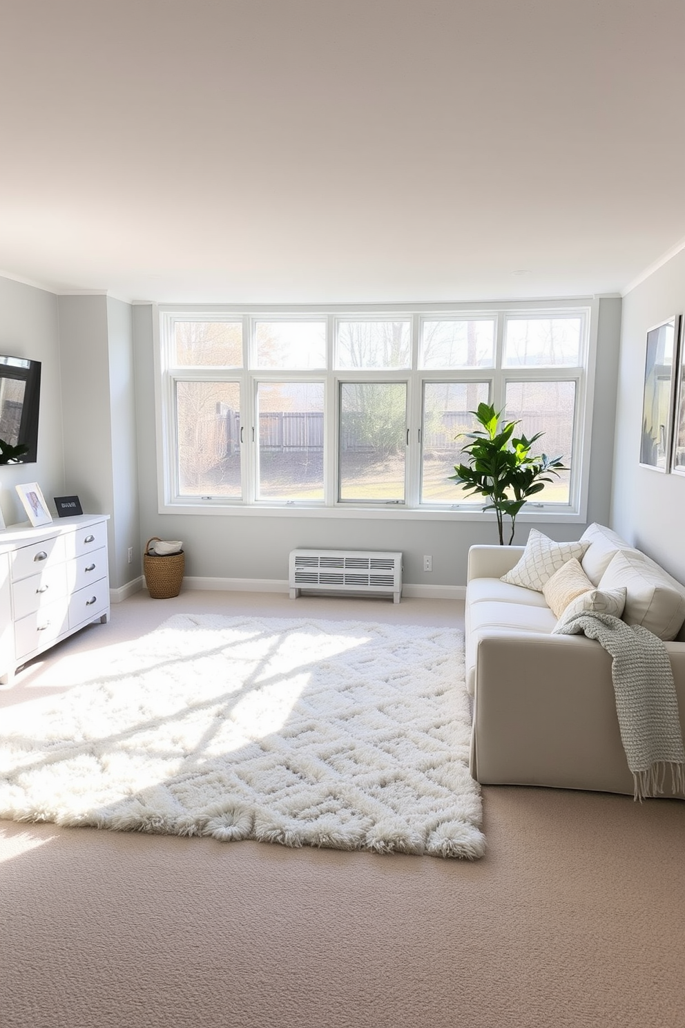 A cozy white basement featuring a soft white area rug that adds warmth to the space. The walls are painted in a light gray tone, and large windows allow natural light to flood the room, creating an inviting atmosphere.