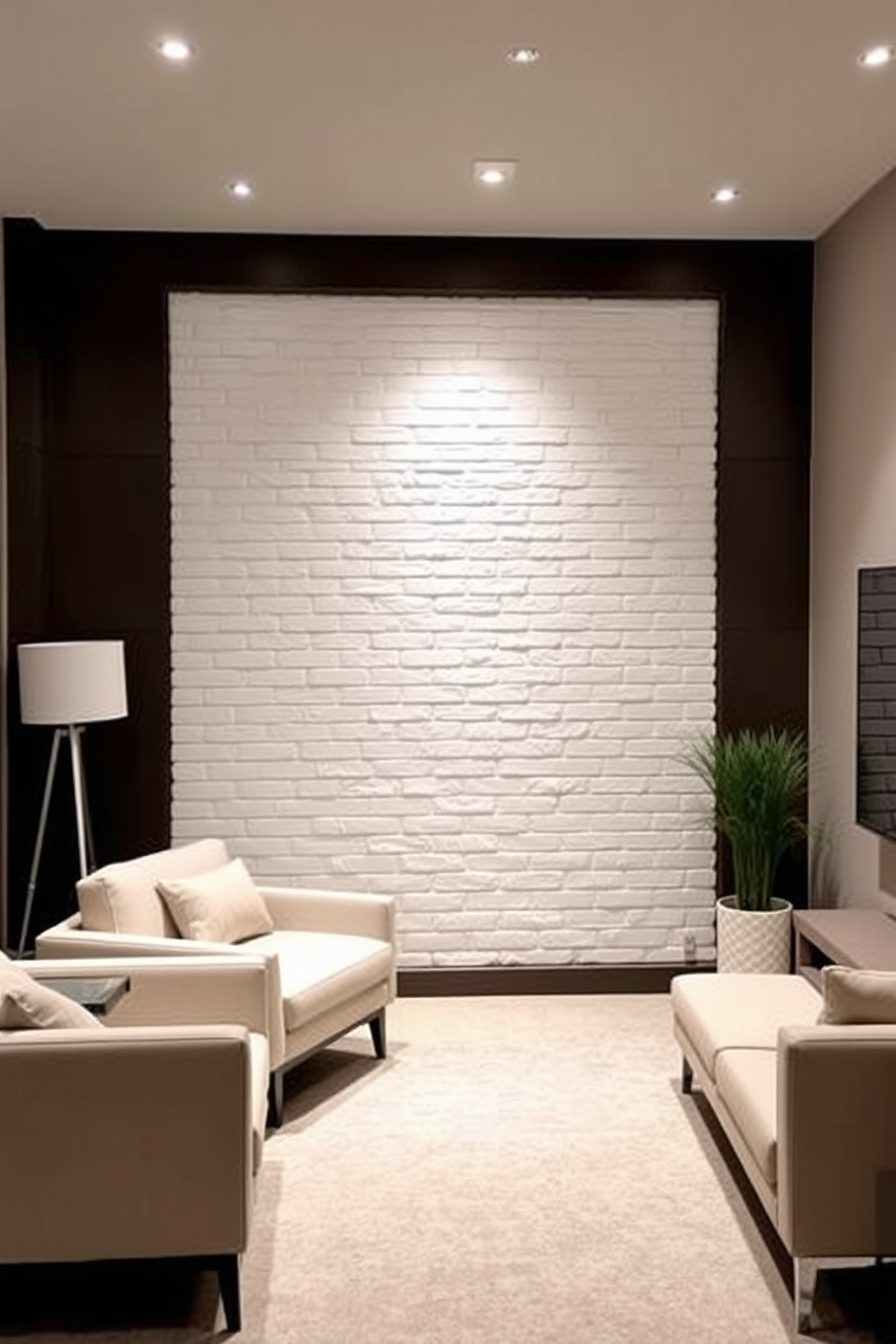 Create a stylish basement design featuring an accent wall with a white brick texture. The space is illuminated by soft recessed lighting, complemented by modern furniture in neutral tones.