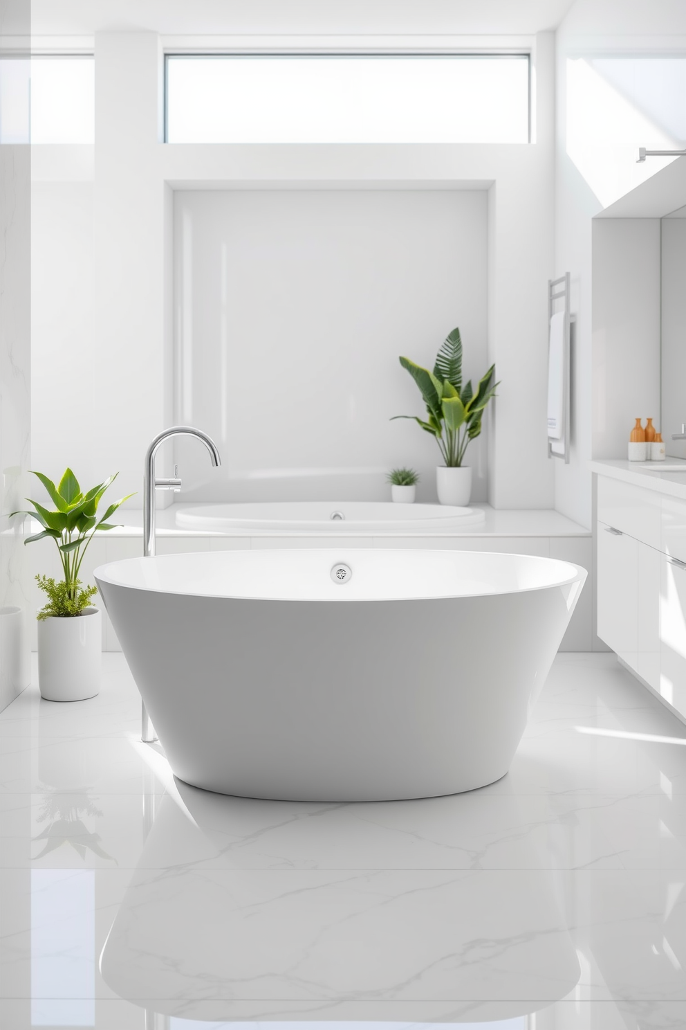 A sleek freestanding tub is the centerpiece of a bright white bathroom. Surrounding the tub are elegant marble accents that enhance the modern aesthetic and create a luxurious atmosphere. The walls are adorned with glossy white tiles, reflecting light and adding a sense of spaciousness. A minimalist wooden stool sits beside the tub, holding plush towels and a small potted plant for a touch of greenery.