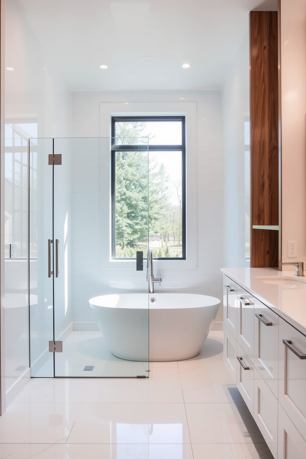 A serene white bathroom features a freestanding tub positioned gracefully in front of a large window that allows natural light to flood the space. The walls are adorned with elegant white tiles, creating a clean and refreshing atmosphere, while soft white curtains frame the window, adding a touch of softness.