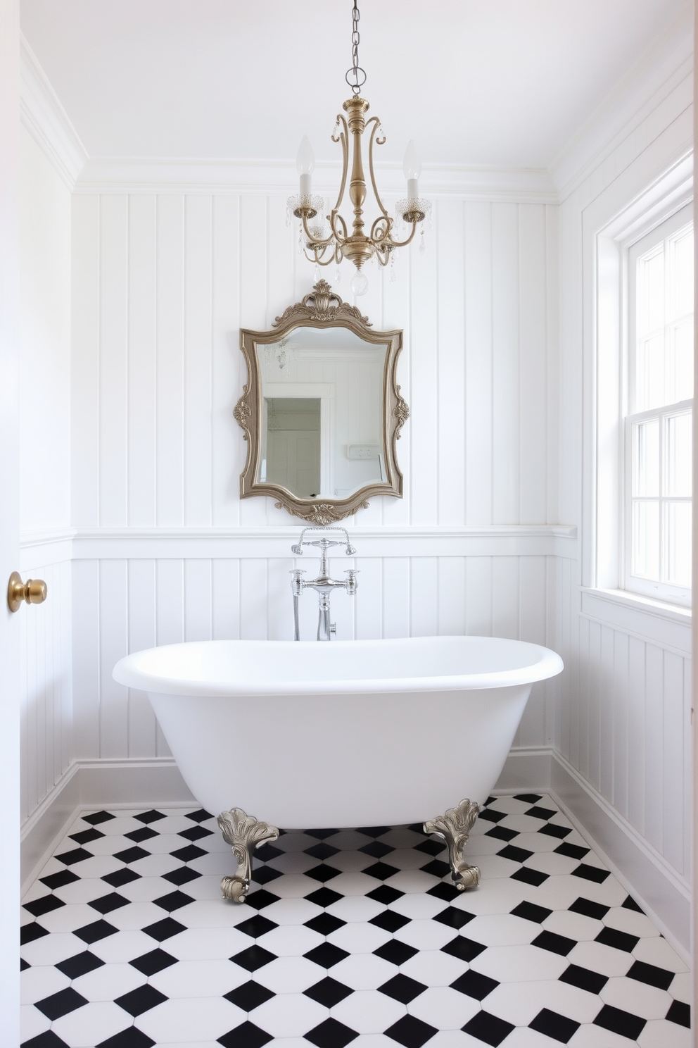 A bright and airy bathroom featuring white shiplap walls that evoke a coastal vibe. The space is adorned with a freestanding soaking tub positioned beneath a large window, allowing natural light to flood in. The vanity is a classic design with a whitewashed finish and a quartz countertop. Above the vanity, a round mirror with a driftwood frame reflects the serene ambiance of the room.