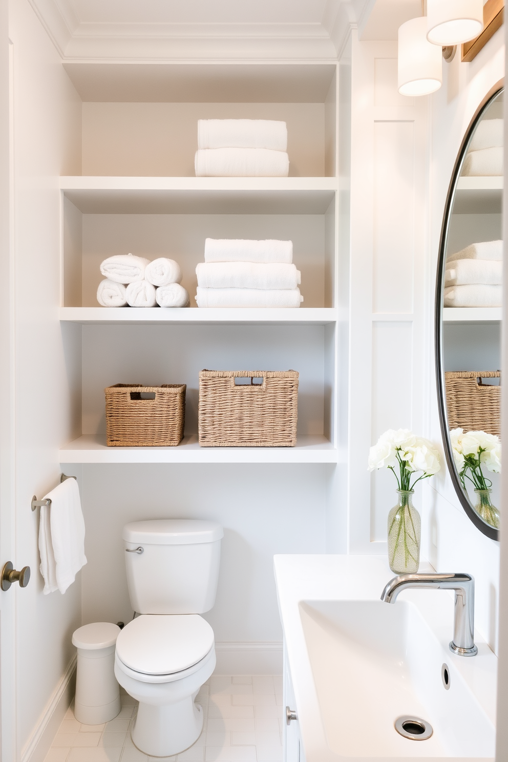 Open shelving lines the walls, showcasing neatly arranged towels and decorative baskets for easy access storage. The bathroom features a bright white color palette, complemented by sleek fixtures and minimalist decor.