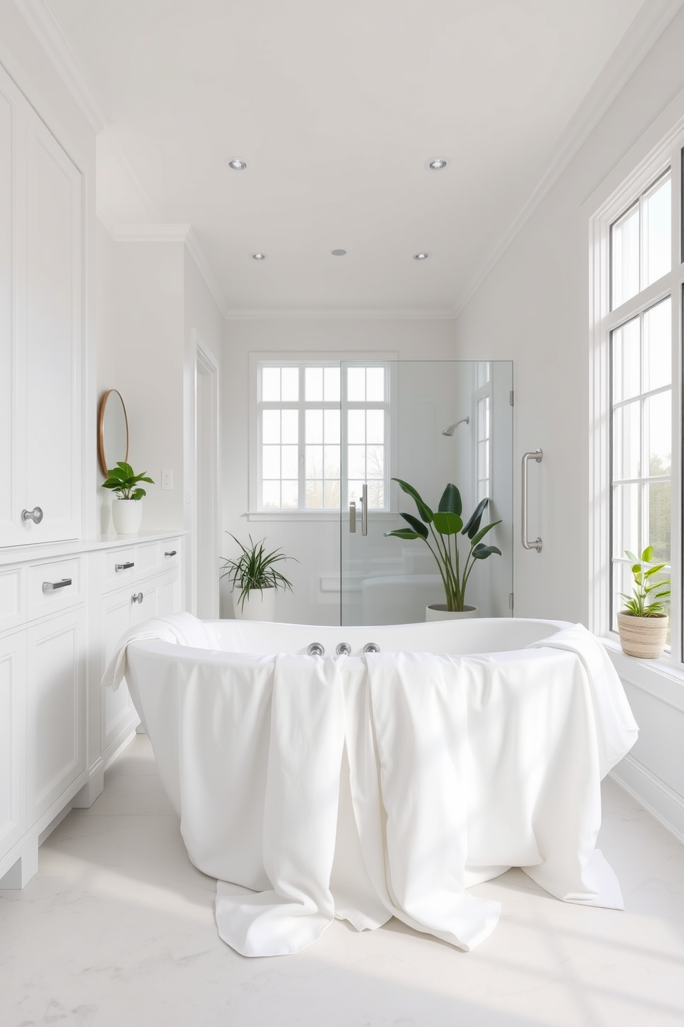 A serene bathroom oasis featuring soft white linens draped elegantly over a plush soaking tub. The space is adorned with minimalist white cabinetry and large windows that invite natural light, enhancing the tranquil atmosphere. The walls are painted in a crisp white hue, complemented by subtle touches of greenery from potted plants. A sleek, modern shower enclosure with glass doors completes the clean and refreshing aesthetic.