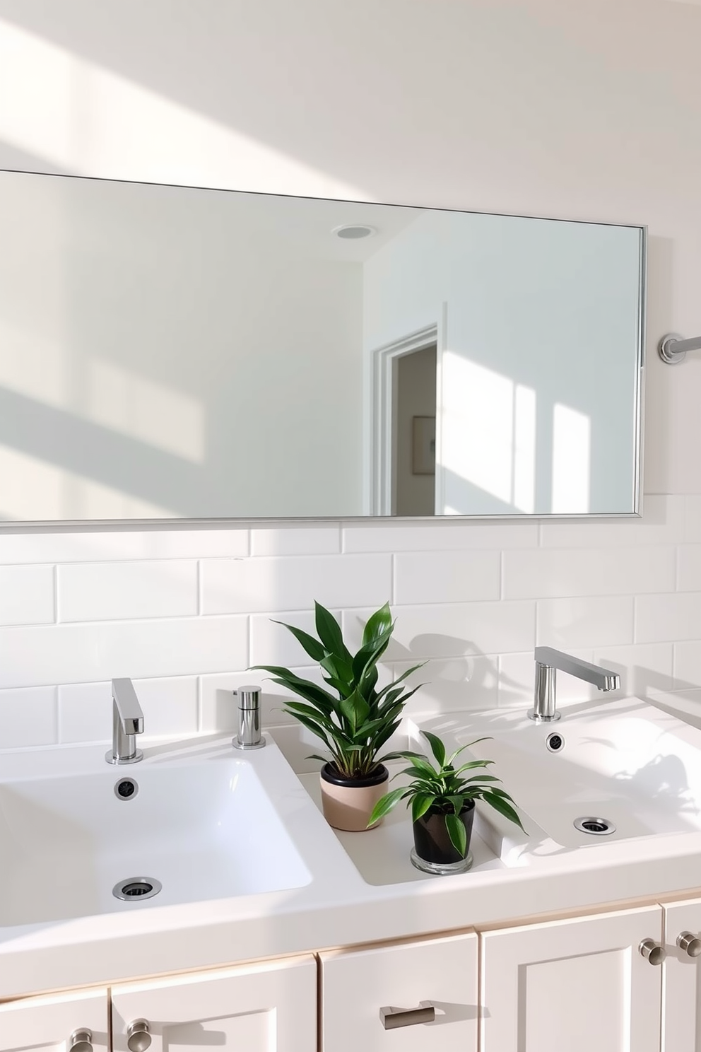 A bright and airy bathroom featuring double sinks with sleek chrome faucets. The cabinetry is minimalist in design, finished in a soft white, and the walls are adorned with large white tiles that reflect natural light. A spacious mirror spans above the sinks, framed in brushed nickel, enhancing the modern aesthetic. Accents of greenery are introduced with potted plants on the countertop, adding a touch of freshness to the serene environment.