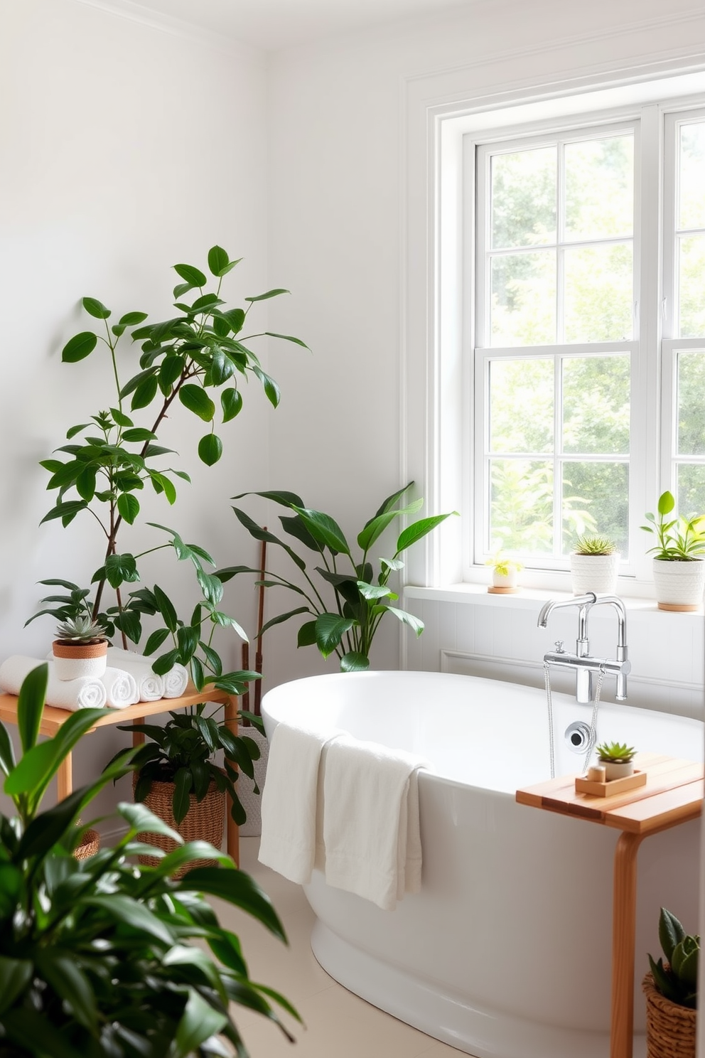 A bright and airy bathroom filled with natural greenery. The white walls and fixtures create a clean backdrop for lush potted plants placed strategically around the space. A freestanding white soaking tub is positioned near a large window that allows sunlight to flood in. Complementing the tub, a minimalist wooden shelf holds neatly rolled white towels and small succulents for added freshness.