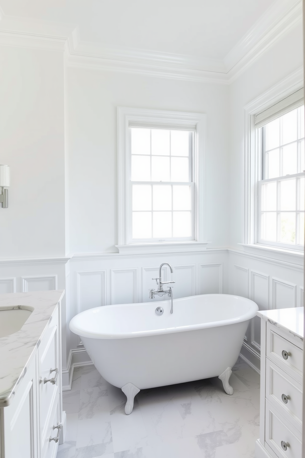 A bright and airy bathroom featuring a sleek white vanity with a polished marble top. Above the vanity, there are stylish pendant lights that provide a warm glow, enhancing the overall elegance of the space. The walls are adorned with subtle white tiles, creating a clean and fresh atmosphere. A large frameless mirror reflects the light, making the room feel even more spacious and inviting.