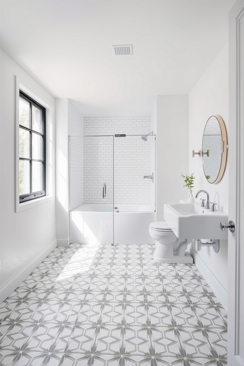 A bright and airy bathroom featuring geometric tile patterns that create a stunning visual interest. The walls are painted in crisp white, complementing the intricate tile designs that adorn the floor and shower area. The space is accented with sleek fixtures and minimalist decor, enhancing the modern aesthetic. Natural light floods in through a large window, illuminating the clean lines and elegant simplicity of the design.