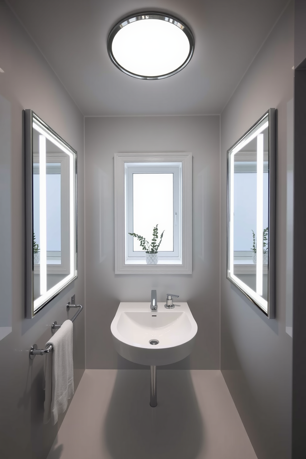 A bright and airy bathroom featuring integrated lighting within the mirrors to enhance illumination. The design showcases a predominantly white color palette with sleek fixtures and minimalist decor to create a serene atmosphere.