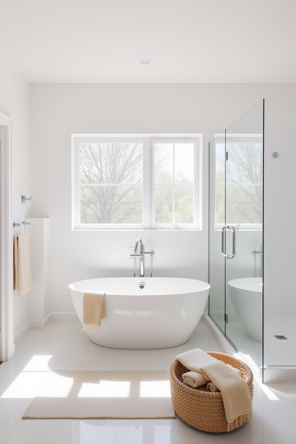 Crisp white walls bathe the room in natural light, creating an airy and serene atmosphere. The bathroom features a freestanding soaking tub positioned beneath a large window, allowing sunlight to illuminate the space. A sleek glass shower enclosure complements the minimalist design, showcasing elegant chrome fixtures. Soft beige accents are introduced through plush towels and a woven basket, adding warmth to the overall aesthetic.