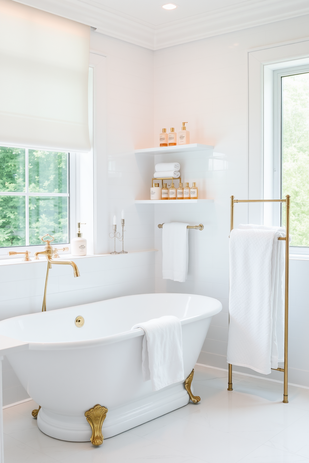 A serene white bathroom featuring luxe bath accessories in various shades of white. The space includes a freestanding soaking tub with elegant gold fixtures and plush white towels neatly arranged on a nearby rack. The walls are adorned with sleek white tiles and accented with a minimalist floating shelf displaying curated bath products. A large window allows natural light to flood the room, enhancing the tranquil atmosphere.