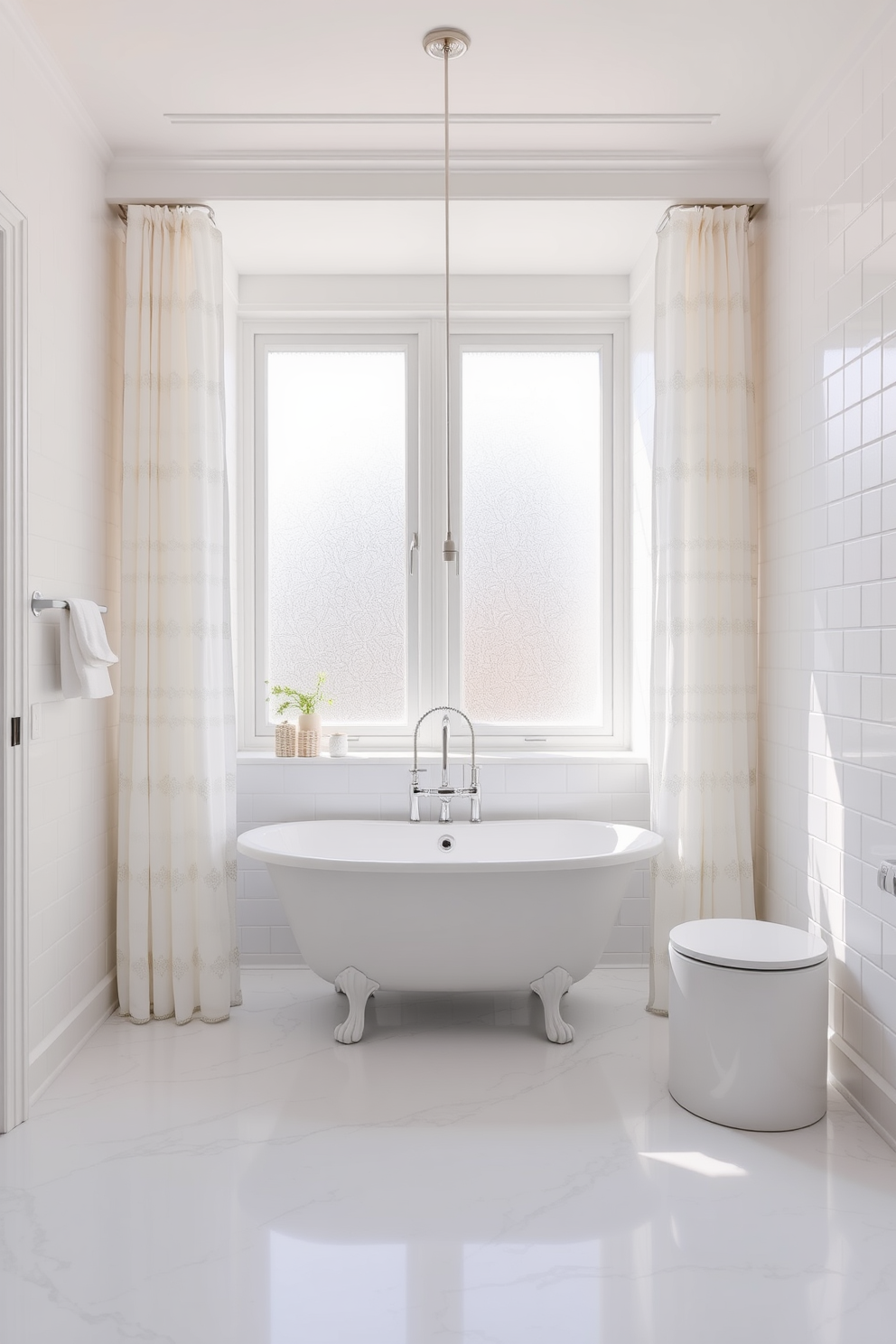 A serene white bathroom featuring wall-mounted faucets that enhance the clean aesthetic. The space is adorned with a freestanding bathtub and a spacious walk-in shower, both framed by elegant glass doors. Soft white tiles line the floor, complemented by a minimalist vanity with a sleek countertop. Natural light floods the room through a large window, illuminating the subtle textures of the white walls and creating a tranquil atmosphere.