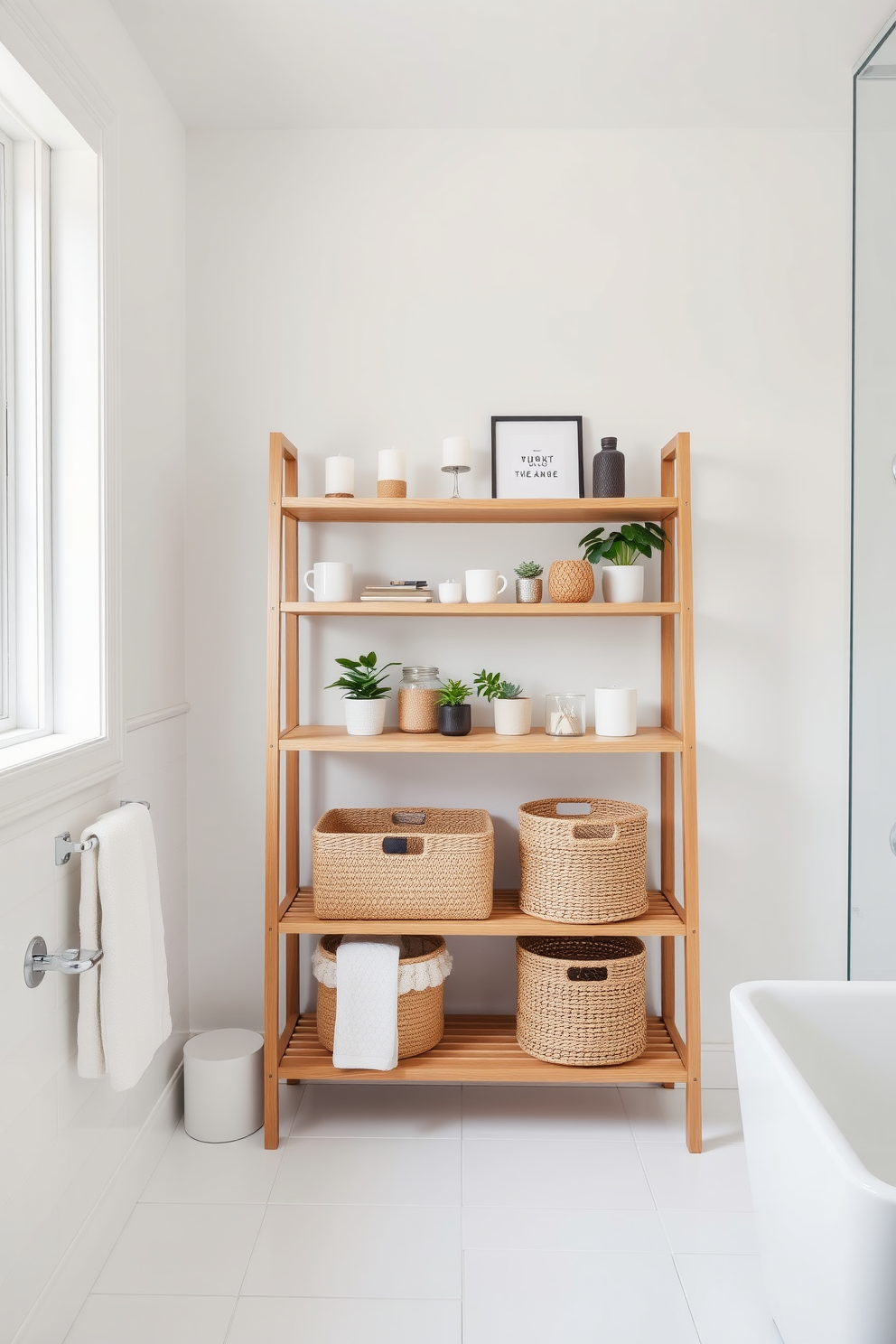 A bright and airy bathroom features a freestanding shelving unit made of light wood, displaying an array of decorative items such as candles, plants, and stylish storage baskets. The walls are painted in a soft white hue, complemented by sleek white tiles that create a seamless and modern look.