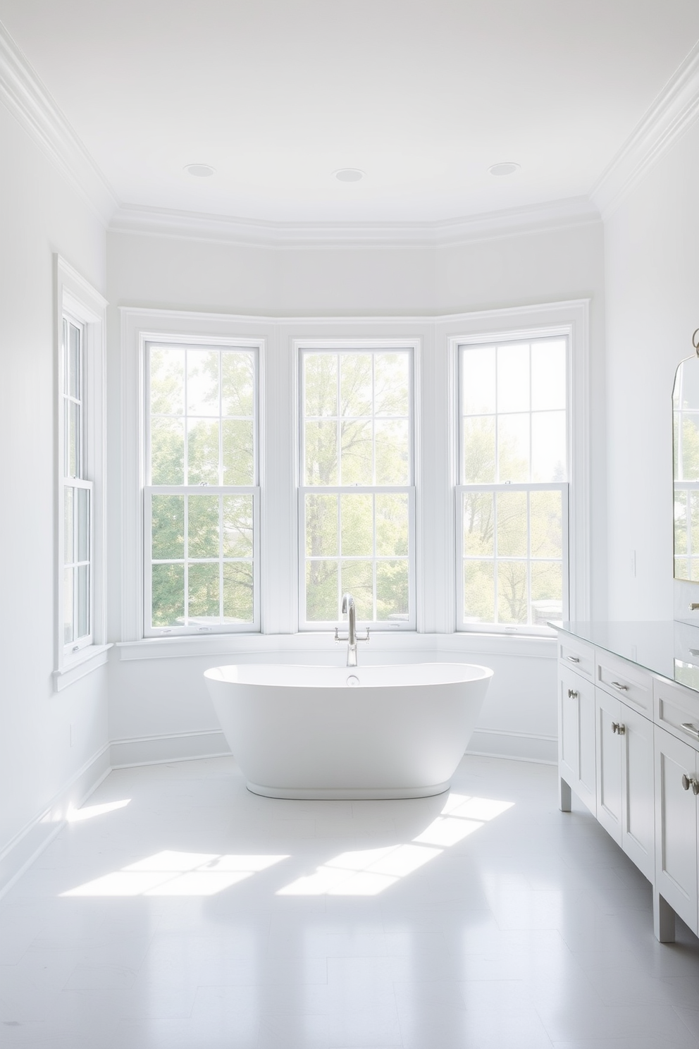 A bright and airy bathroom with large windows that flood the space with natural light. The walls are painted in a crisp white, creating a fresh and clean aesthetic. The design features a freestanding soaking tub positioned beneath the windows, allowing for a serene view. Sleek white cabinetry complements the overall design, providing ample storage while maintaining a minimalist look.