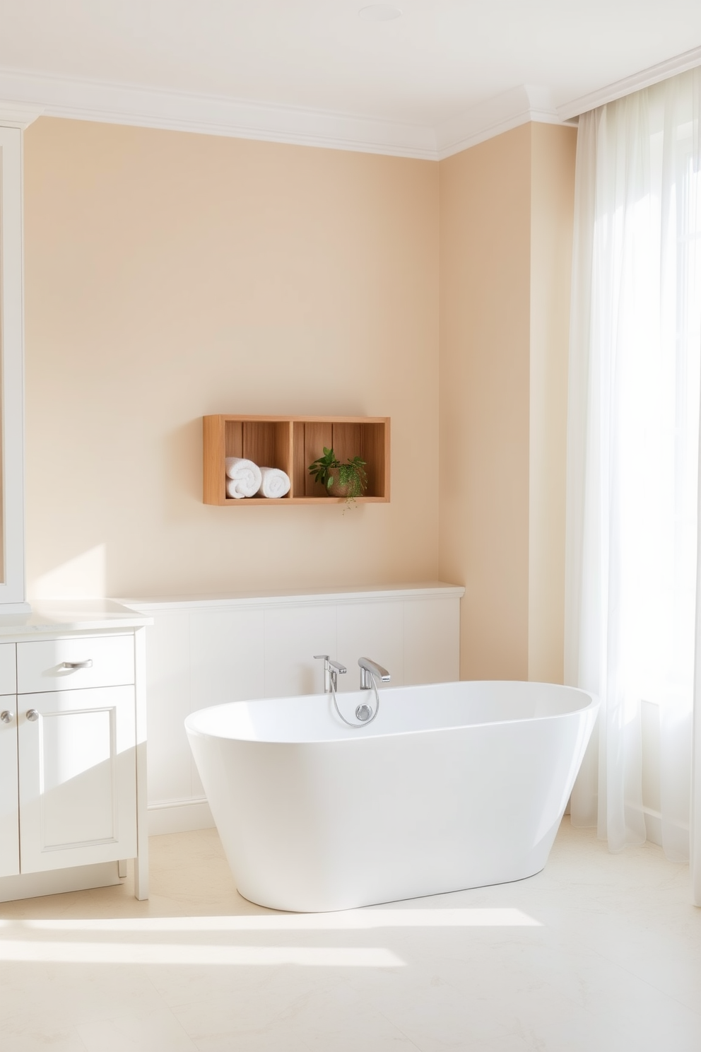 A serene bathroom space featuring a neutral color palette that promotes a calming atmosphere. The walls are painted in soft beige, with white cabinetry and a sleek white freestanding soaking tub as the focal point. Natural light floods the room through a large window adorned with sheer curtains. A minimalist wooden shelf holds neatly rolled white towels and a small potted plant, adding a touch of greenery to the serene design.