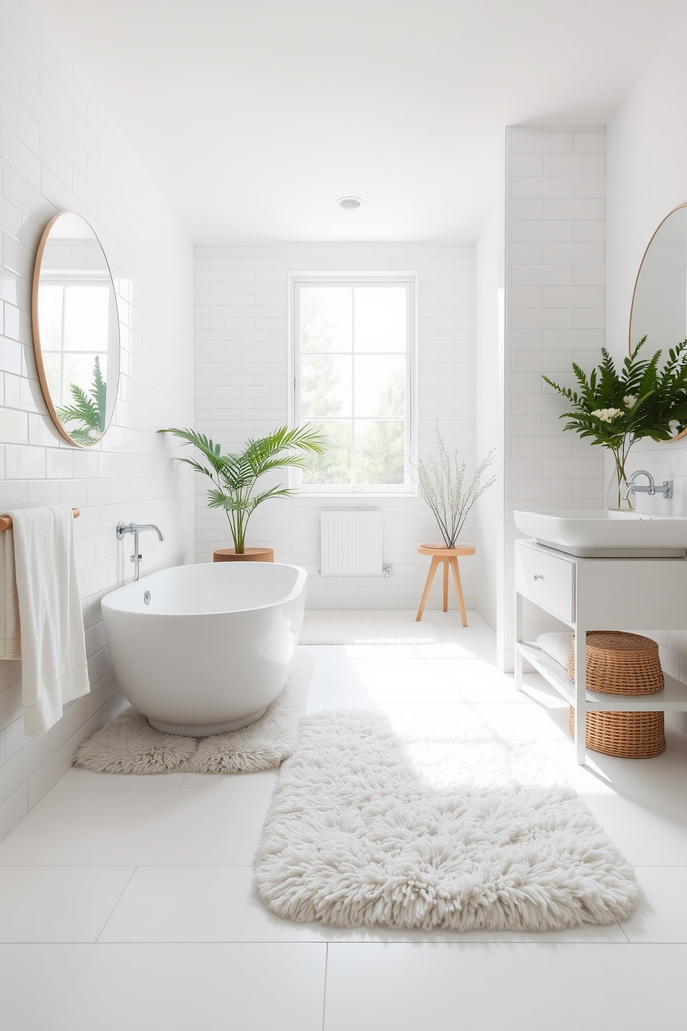 A serene white bathroom setting featuring soft plush rugs that add comfort underfoot. The walls are adorned with sleek white tiles, and natural light floods the space through a large window, enhancing the clean and airy ambiance.