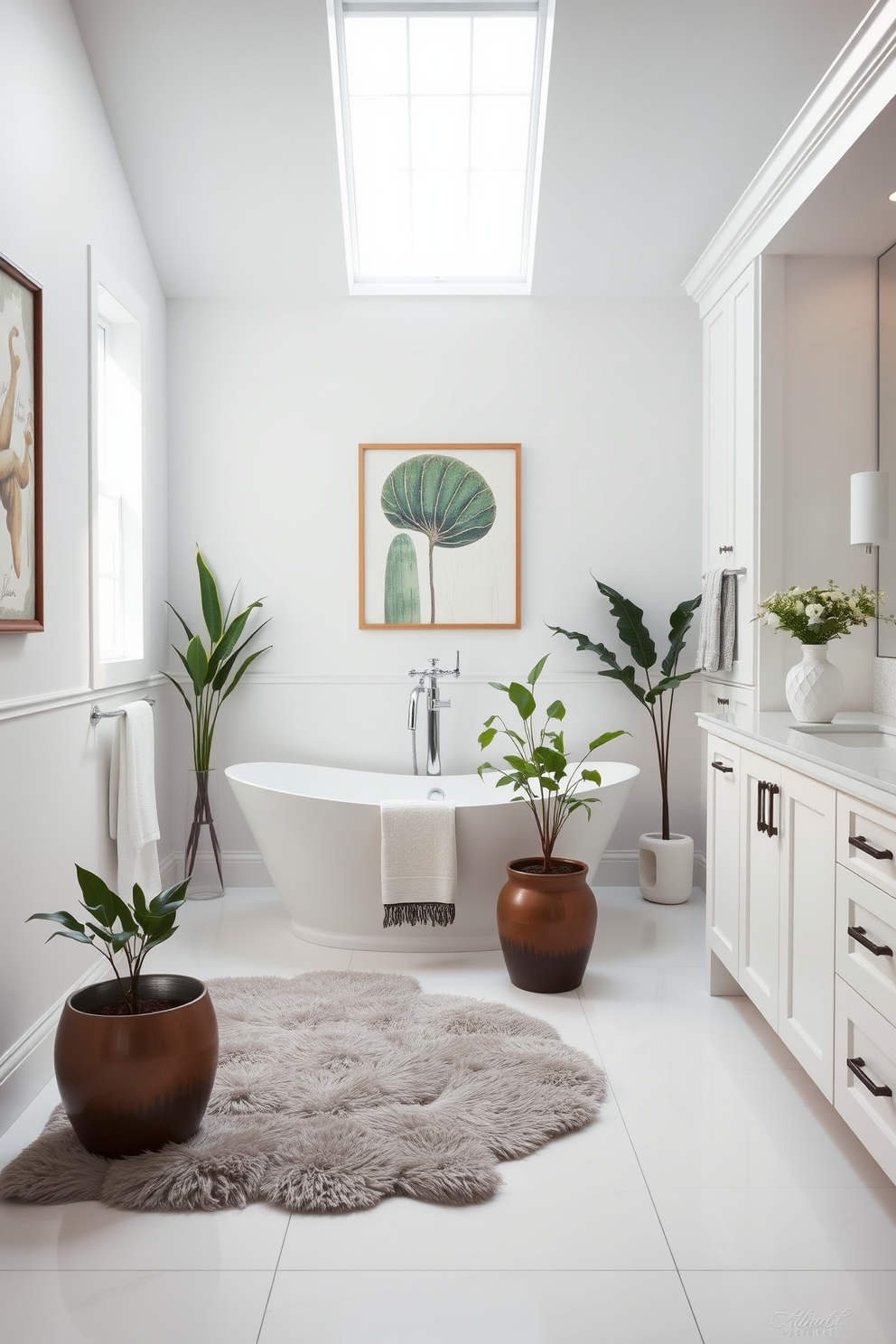 A bright and airy bathroom featuring a large freestanding tub positioned beneath a window that lets in natural light. The walls are adorned with unique artwork that adds a personal touch, complementing the minimalist white cabinetry and fixtures. The floor is covered with large white tiles that create a seamless look, while a plush area rug adds warmth and texture. Elegant greenery in decorative pots enhances the serene atmosphere, making the space feel inviting and tranquil.