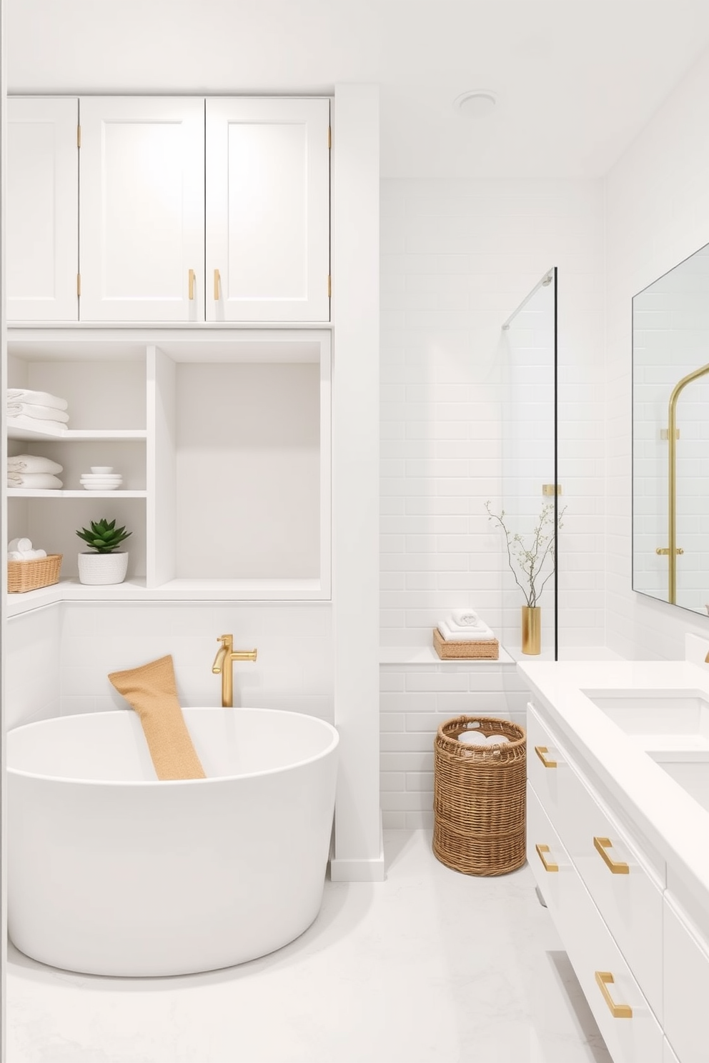 A small bathroom featuring innovative storage solutions such as built-in shelves and a wall-mounted cabinet. The design includes a sleek white color palette with minimalist fixtures and a large mirror that creates an illusion of space. A bright and airy white bathroom with a freestanding tub and a spacious walk-in shower. The design incorporates floating vanities and stylish baskets for organized storage, complemented by elegant gold accents.