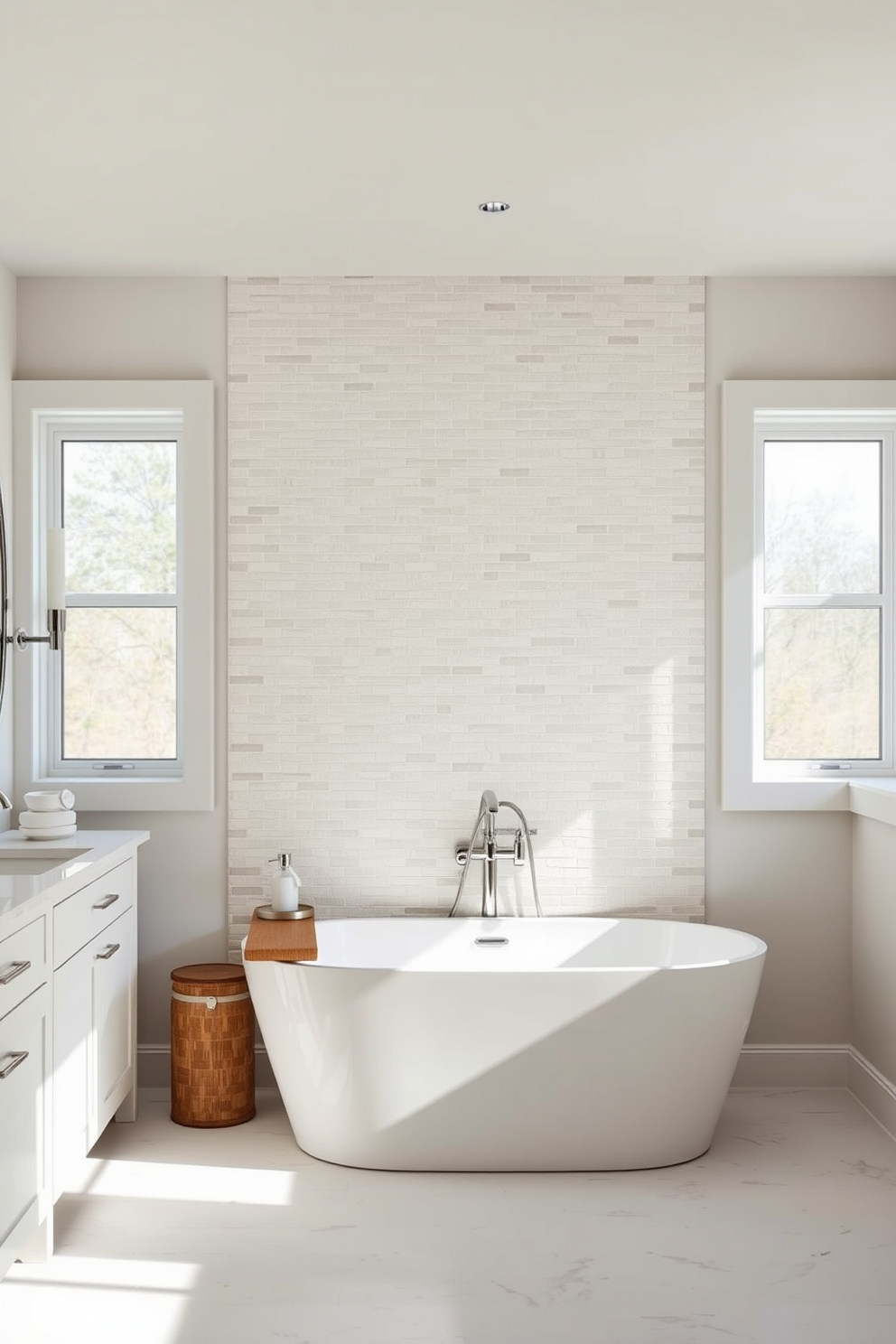 A serene white bathroom adorned with lush greenery creates a refreshing atmosphere. The walls are painted in a crisp white, complemented by a sleek freestanding bathtub surrounded by potted plants. A minimalist vanity with a white countertop features a large round mirror above it. Hanging planters with cascading vines add a vibrant touch, while soft white towels are neatly arranged on a wooden shelf.