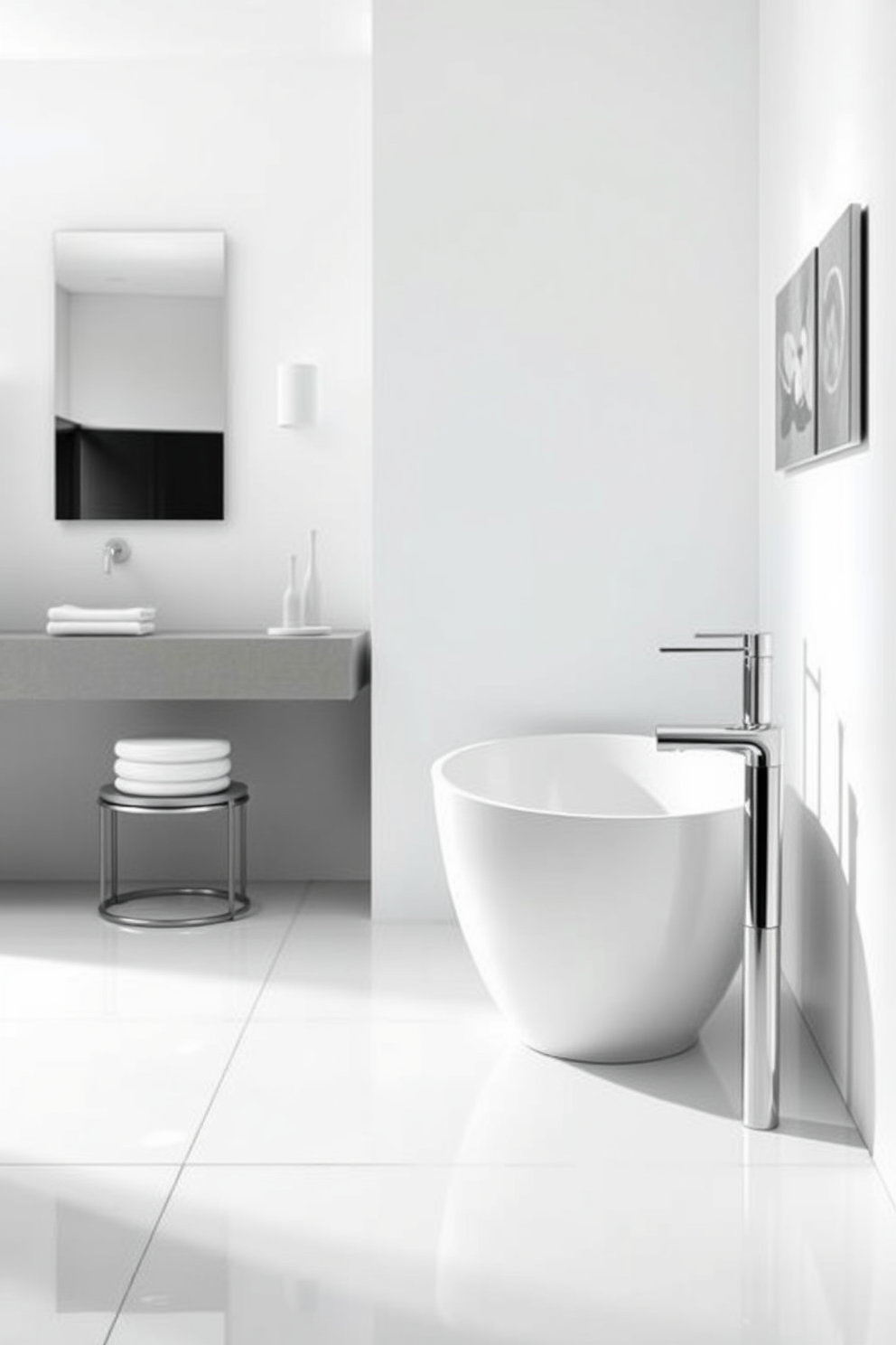 A modern bathroom featuring contemporary faucets with sleek designs. The space is bright and airy, with white walls and minimalist decor that emphasizes cleanliness and elegance. The floor is adorned with large white tiles, creating a seamless look throughout the room. A freestanding soaking tub sits gracefully in the corner, complemented by a stylish floor-mounted faucet.