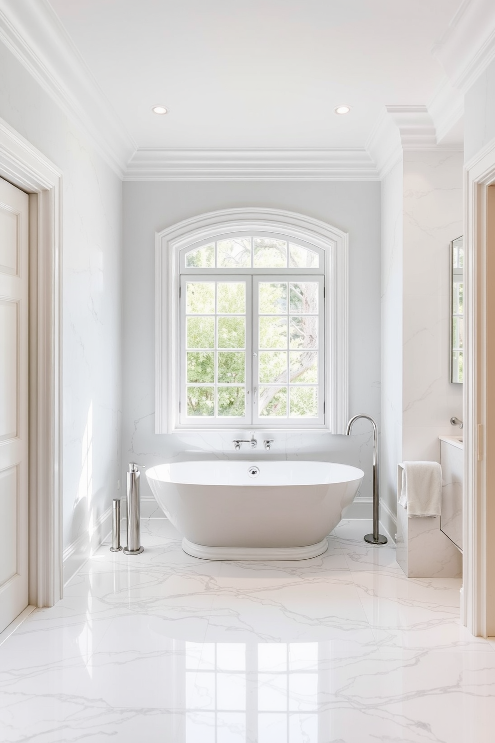 Elegant marble tiles create a luxurious feel in a pristine white bathroom. The space features a freestanding tub surrounded by sleek fixtures and a large window that floods the room with natural light.