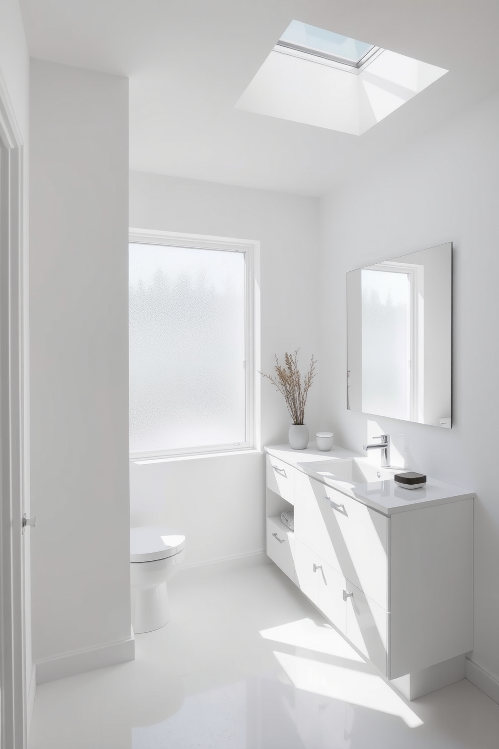 A serene white bathroom featuring minimalist decor that emphasizes a clutter-free look. The space includes sleek cabinetry with hidden storage and a large frameless mirror that enhances the sense of openness. The walls are painted in a crisp white, complemented by subtle textures such as a matte finish on the cabinetry. Natural light floods the room through a frosted window, creating a calming atmosphere with soft shadows.