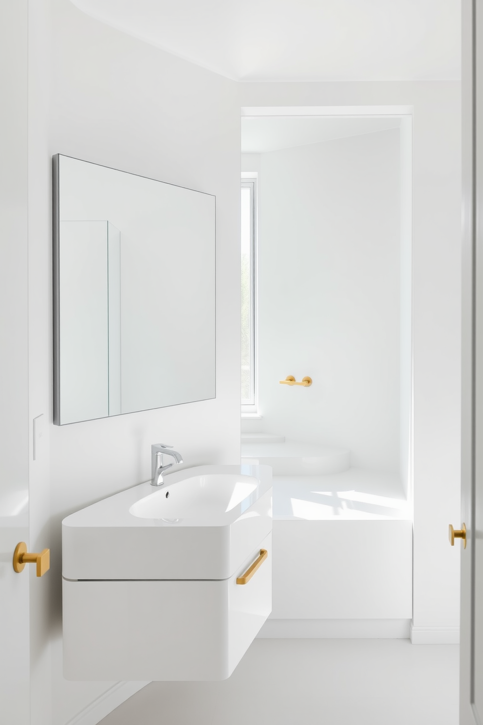 A spacious white bathroom with large mirrors reflecting natural light. The walls are adorned with sleek white tiles and the floor features elegant marble accents.