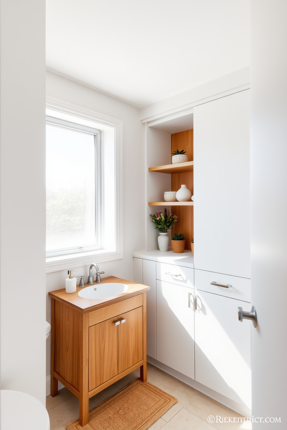 A serene bathroom space featuring white walls and sleek white cabinetry. Wooden accents are incorporated through a warm-toned wooden vanity and decorative shelves, adding texture and warmth to the overall design. The floor is adorned with light-colored tiles that complement the white fixtures. Natural light floods the space through a frosted window, enhancing the tranquil atmosphere.