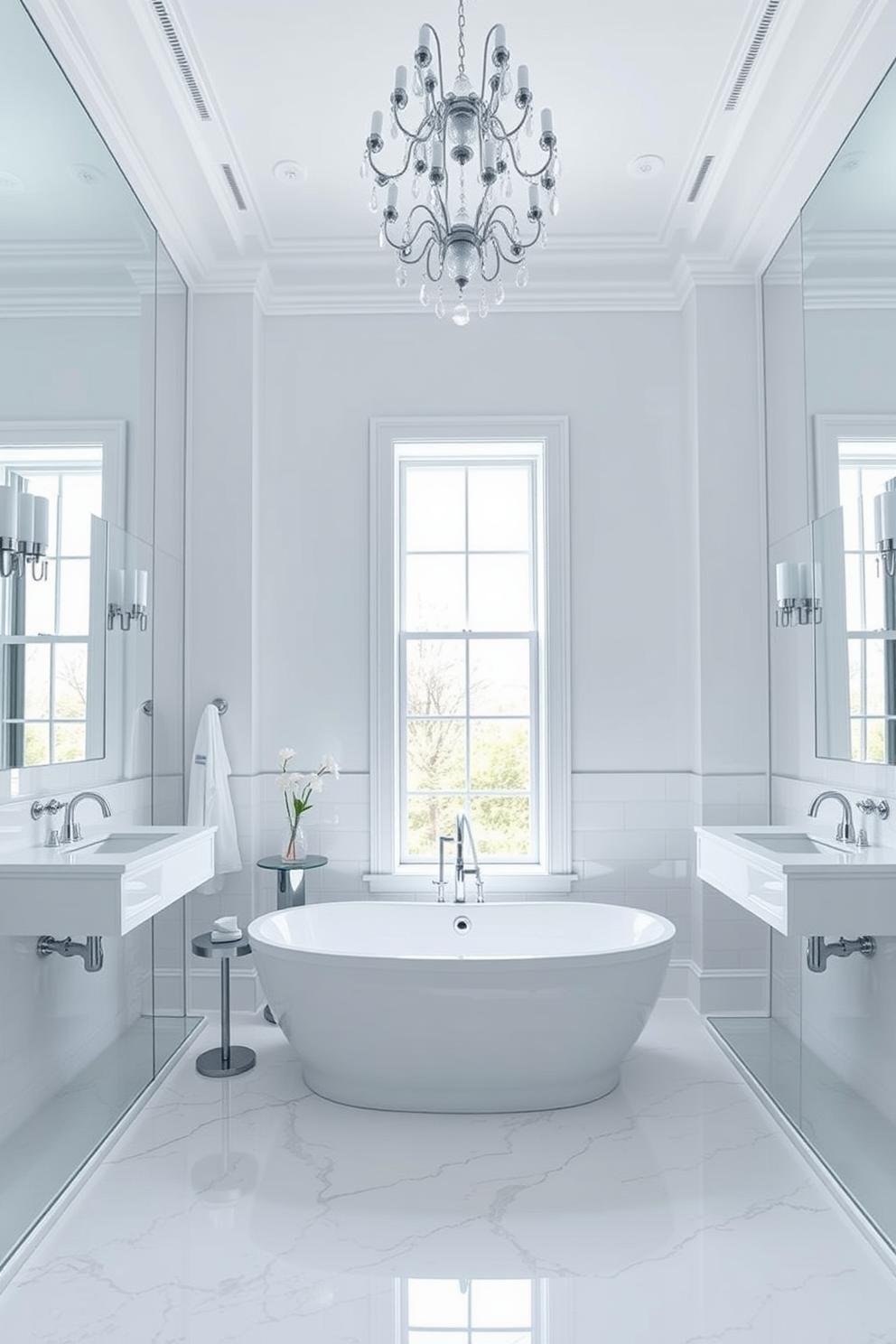 A serene bathroom space with textured white walls that create visual interest. The design features a freestanding soaking tub in the center, complemented by a sleek shower enclosure with glass doors. Natural light floods the room through a large window adorned with sheer curtains. Elegant brass fixtures and accessories add a touch of warmth to the predominantly white palette.